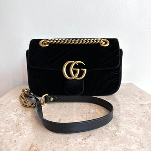 Pre-Owned GUCCI Black Velvet Marmont Mini Shoulder Bag