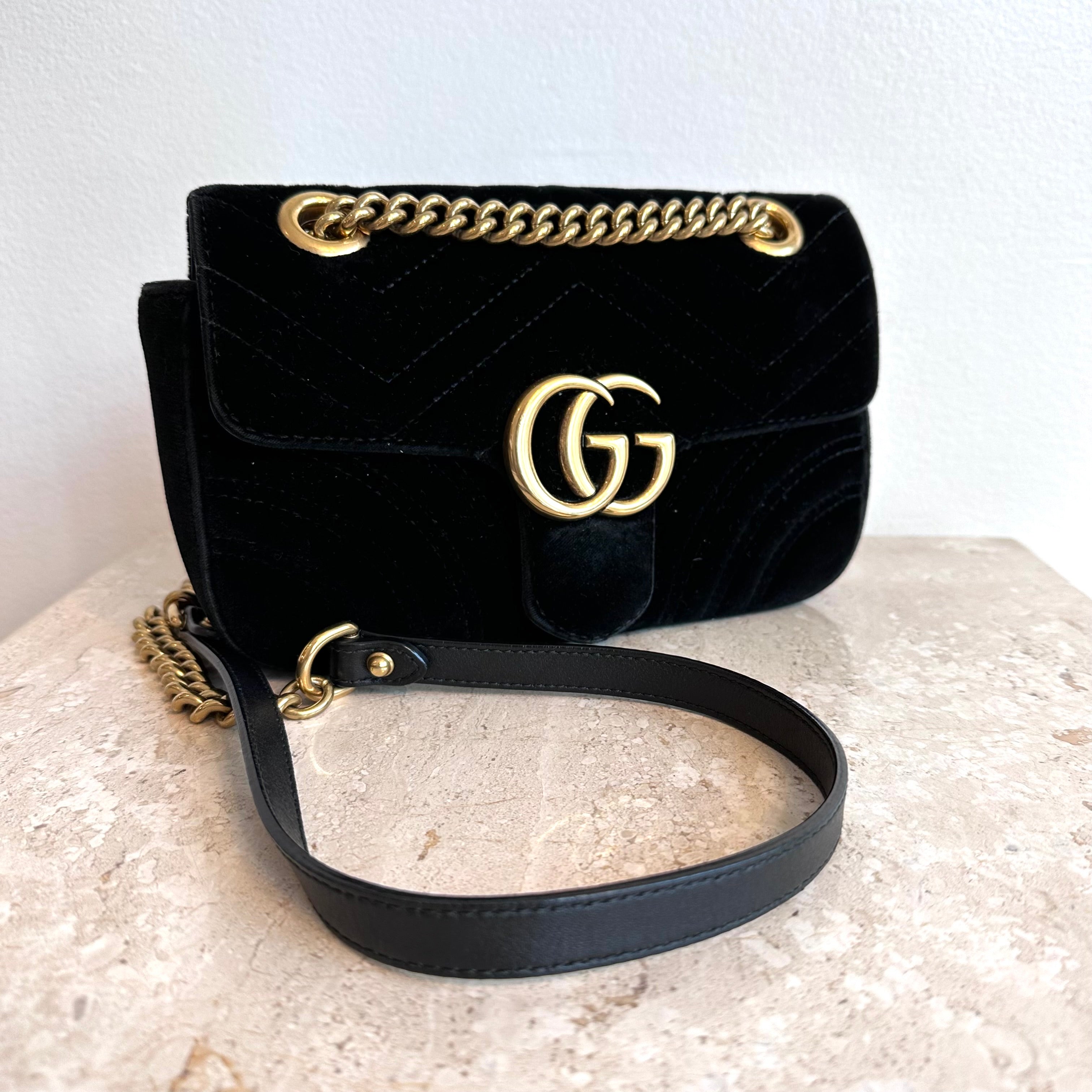 Pre-Owned GUCCI Black Velvet Marmont Mini Shoulder Bag