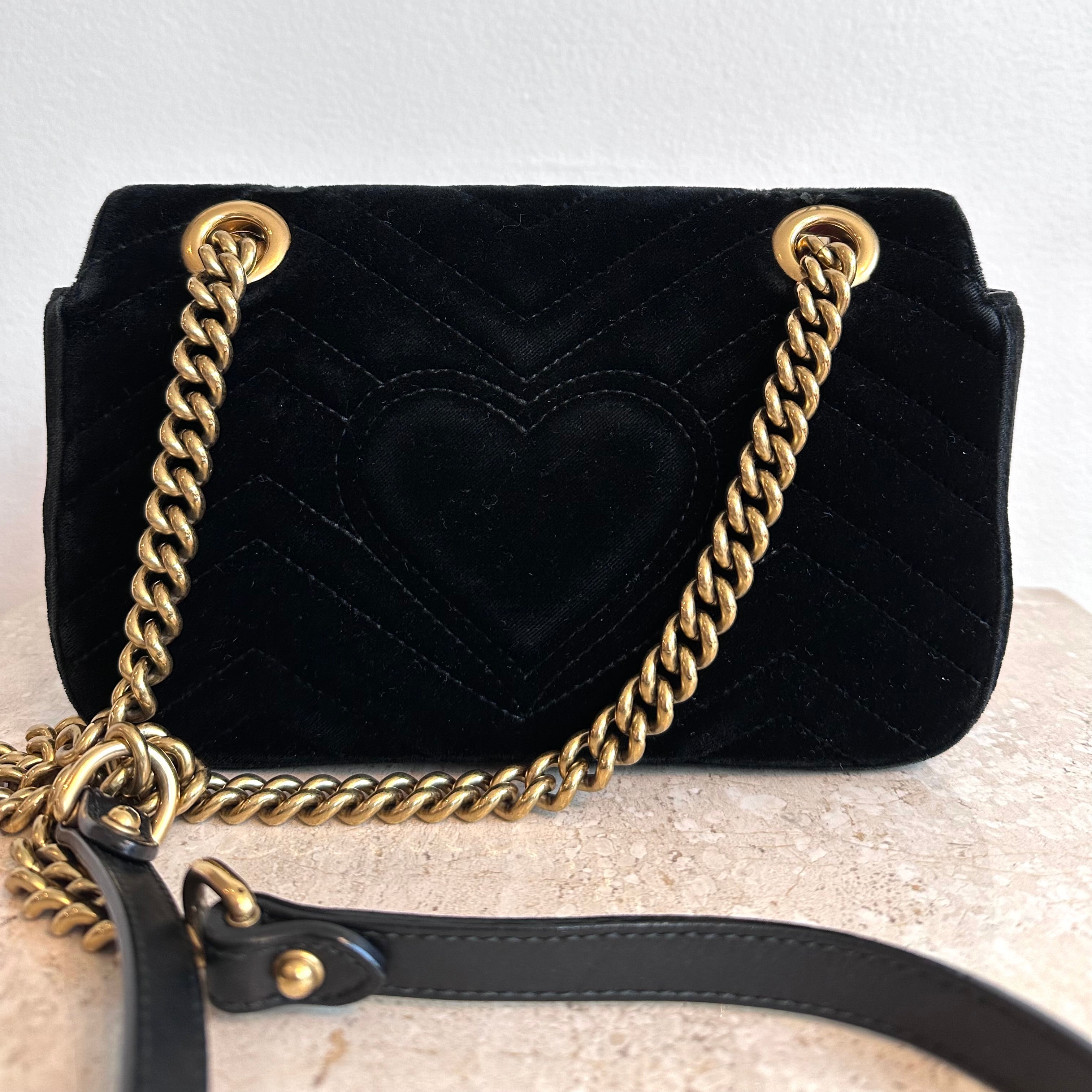 Pre-Owned GUCCI Black Velvet Marmont Mini Shoulder Bag