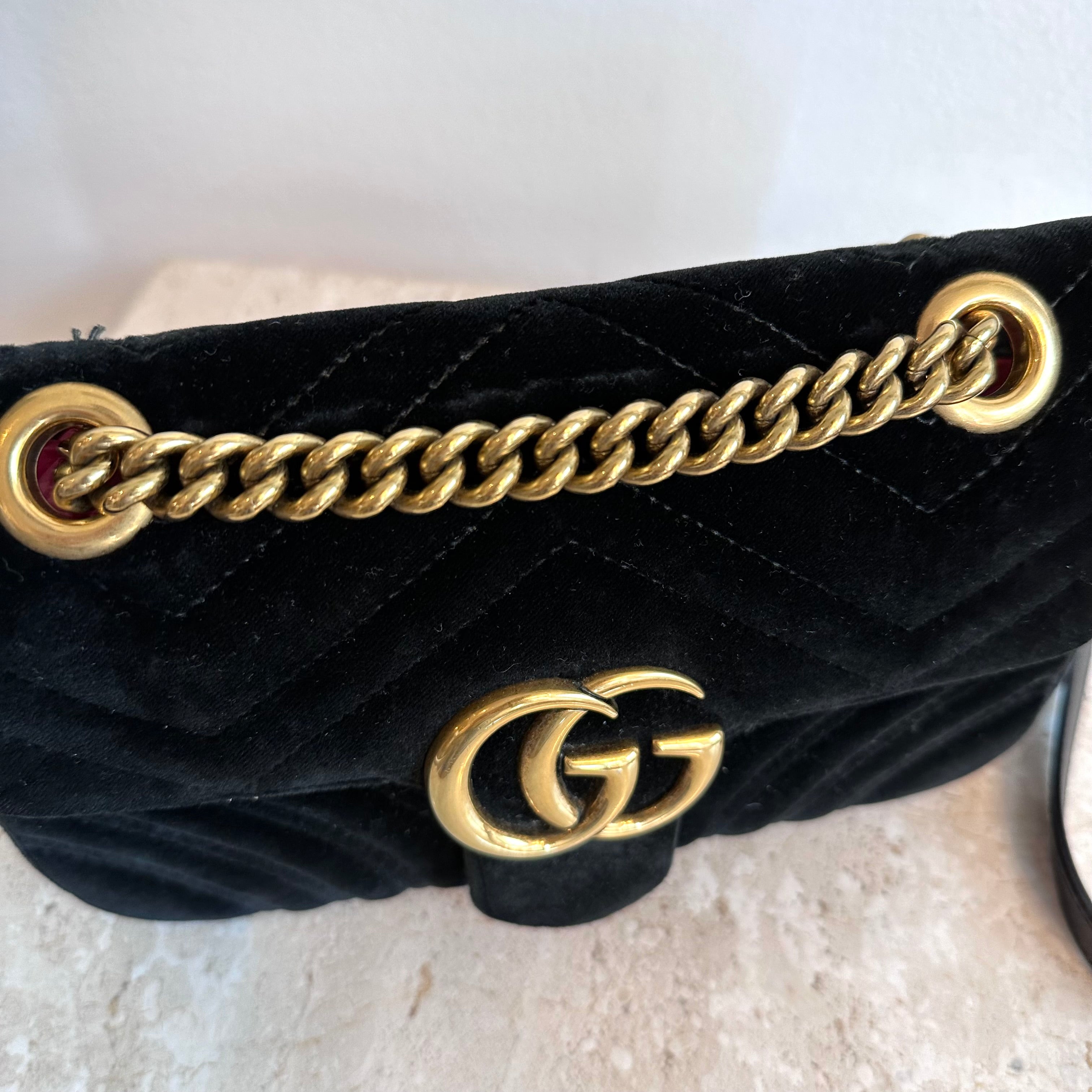 Pre-Owned GUCCI Black Velvet Marmont Mini Shoulder Bag