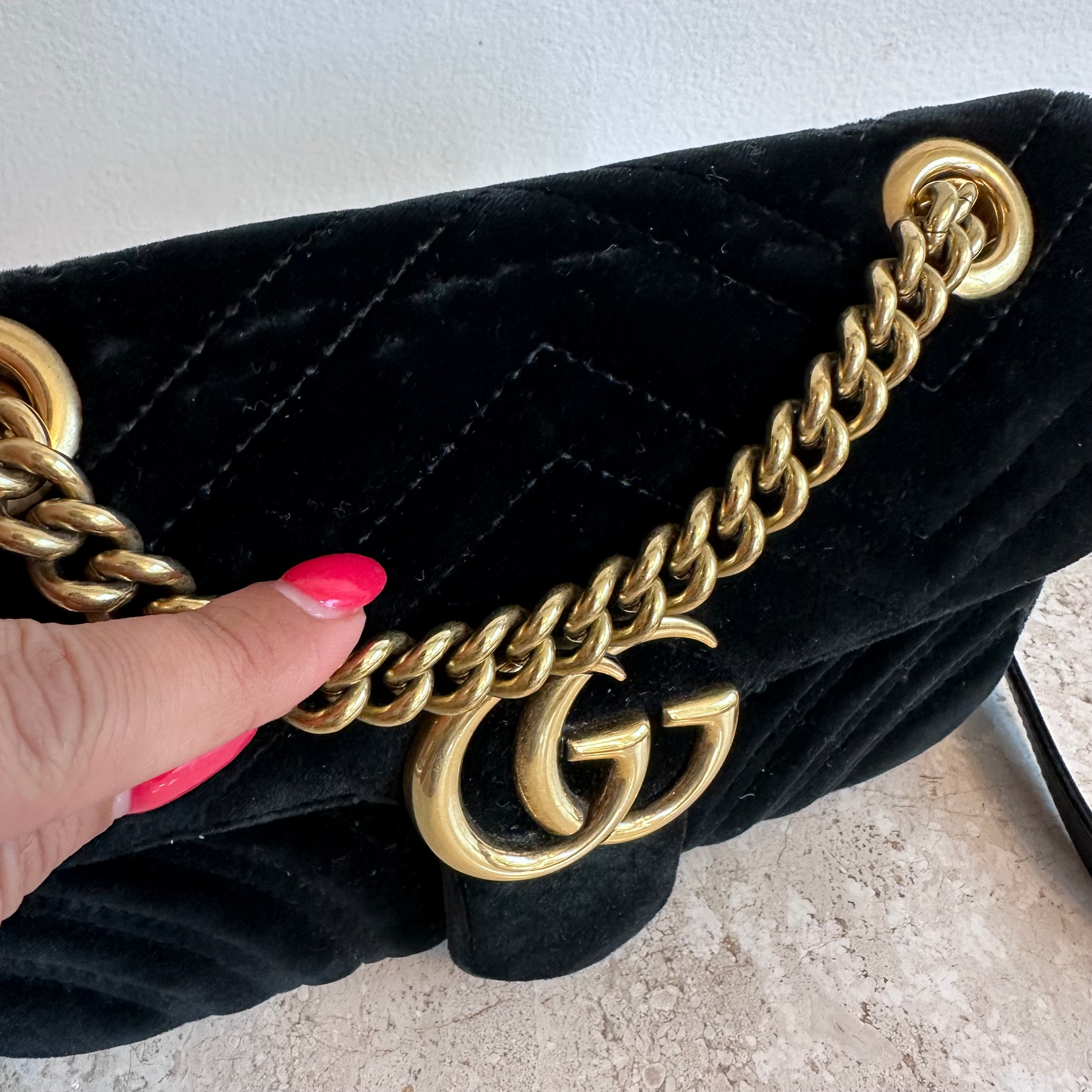 Pre-Owned GUCCI Black Velvet Marmont Mini Shoulder Bag
