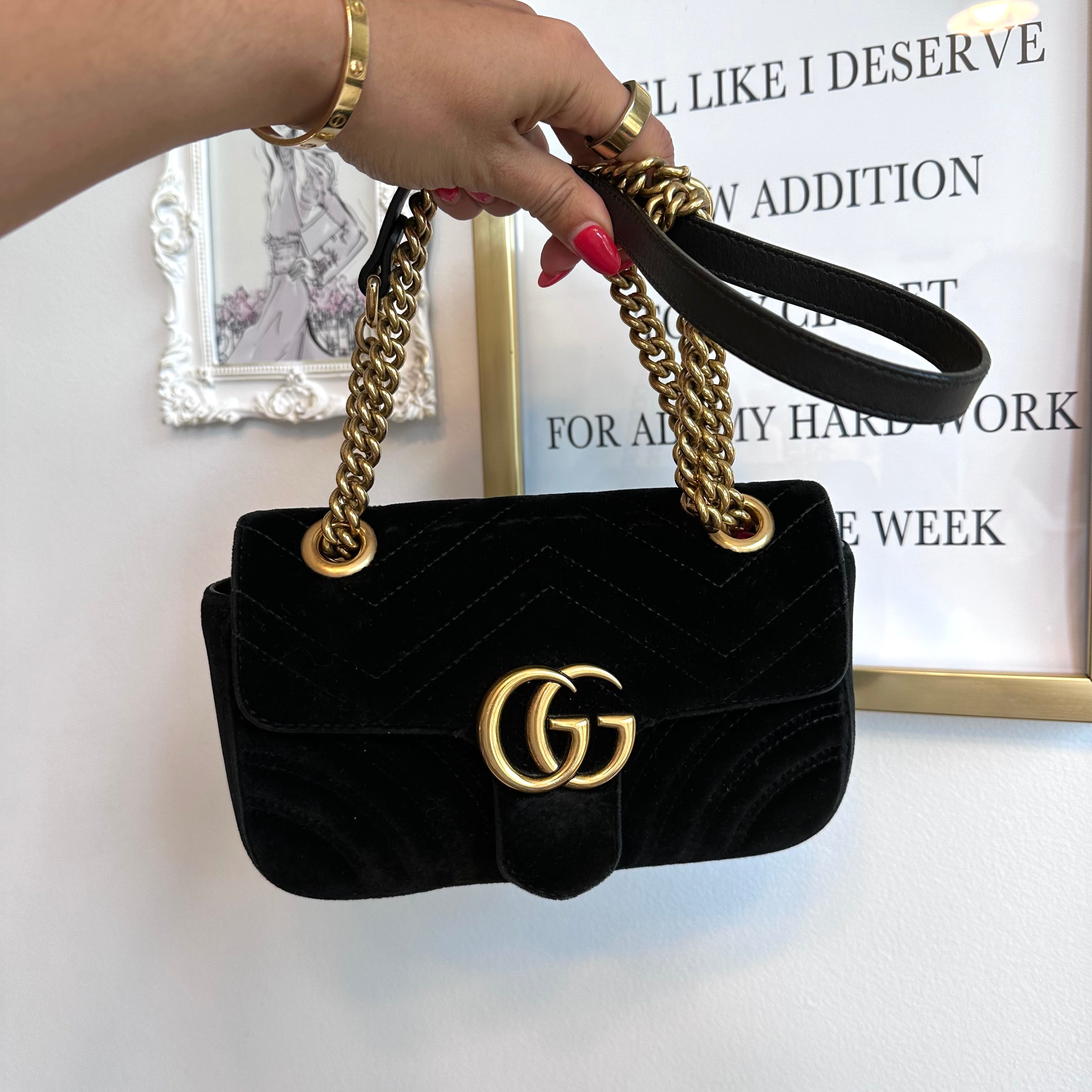 Pre-Owned GUCCI Black Velvet Marmont Mini Shoulder Bag