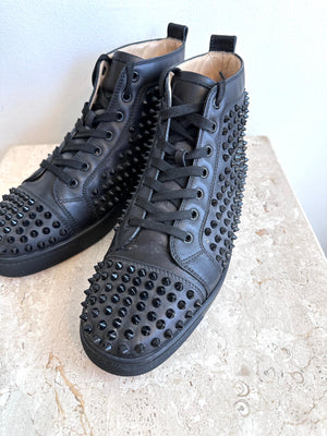 Pre-Owned CHRISTIAN LOUBOUTIN Black Leather Louis Spikes High Top Sneakers Size 41.5