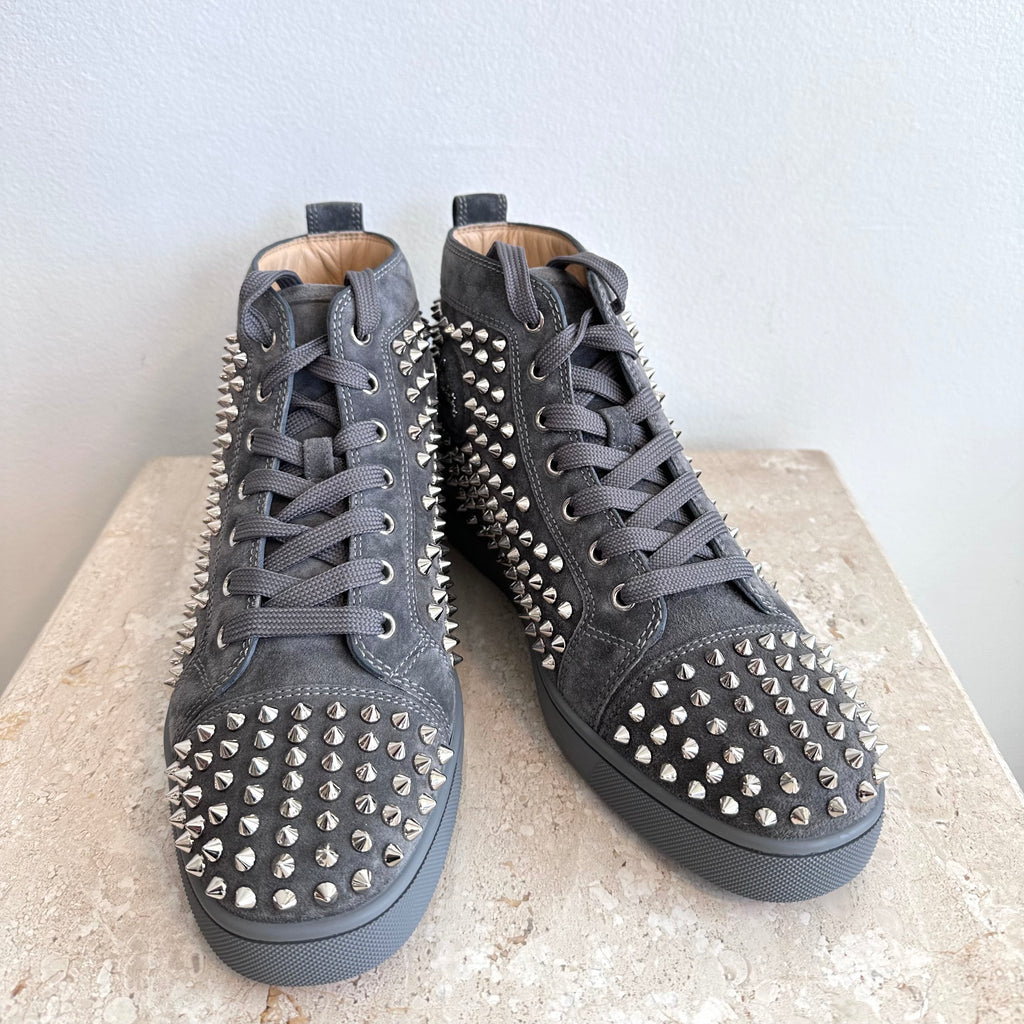 Pre-Owned CHRISTIAN LOUBOUTIN Shadow Grey Louis Studded Suede Hi Top Sneakers Size 40.5