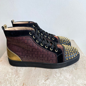 Pre-Owned CHRISTIAN LOUBOUTIN Calfskin Lurex Specchio Spikes Louis Orlato Flat Sneakers Black Gold Size 41.5