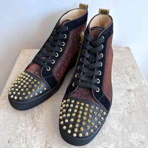 Pre-Owned CHRISTIAN LOUBOUTIN Calfskin Lurex Specchio Spikes Louis Orlato Flat Sneakers Black Gold Size 41.5