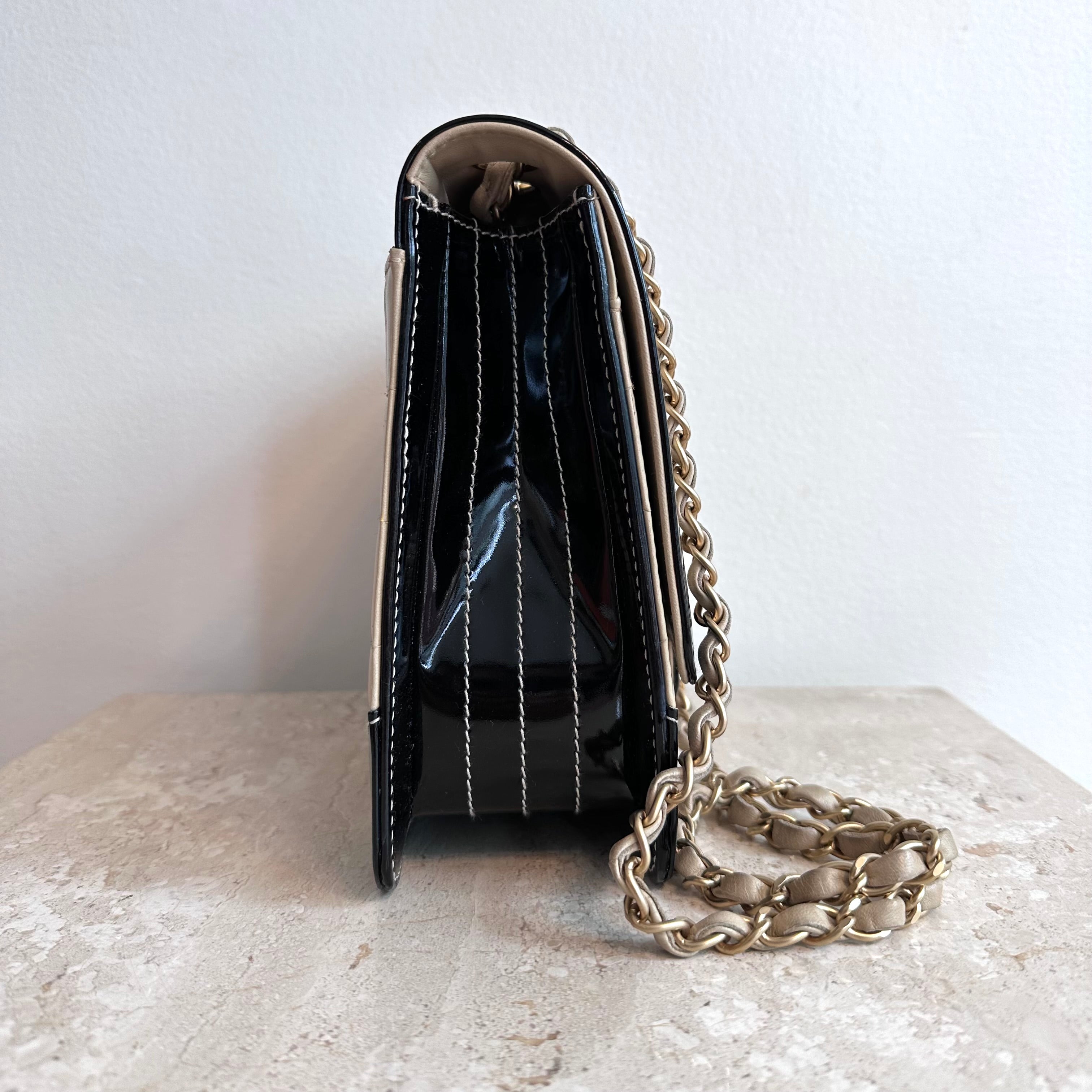 Pre-Owned CHANEL Beige Lambskin Patent Chocolate Bar Flap Bag