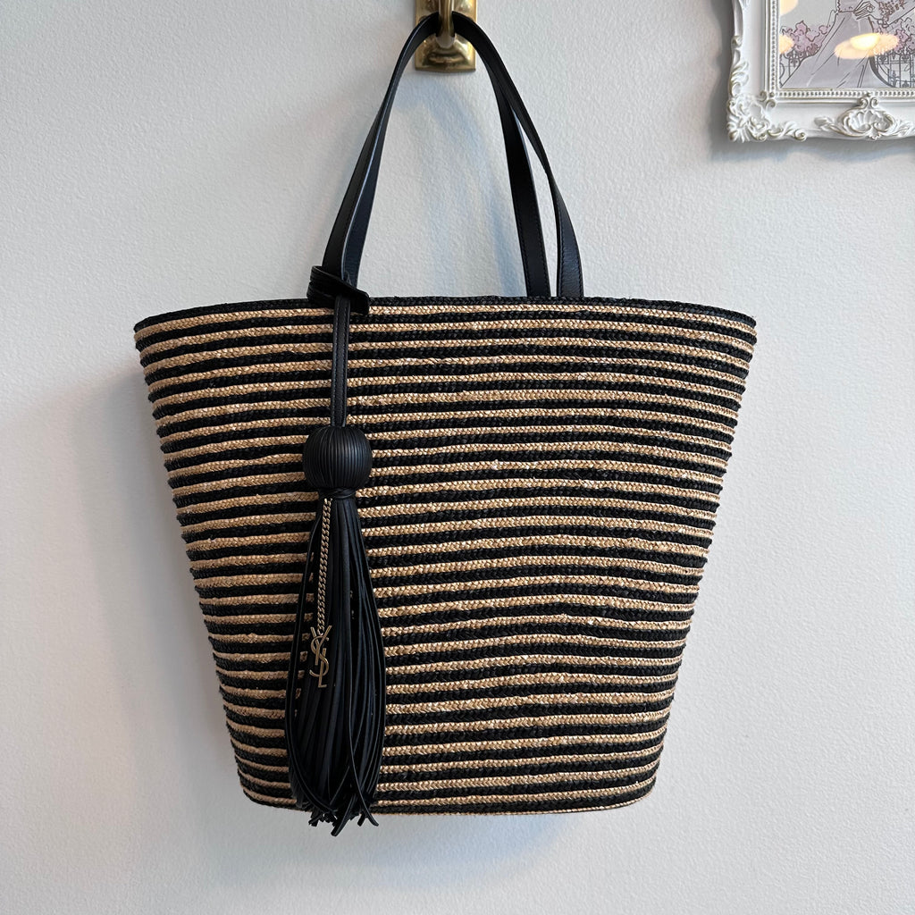 Pre-Owned SAINT LAURENT Neutral Paneer Striped Raffia Tote