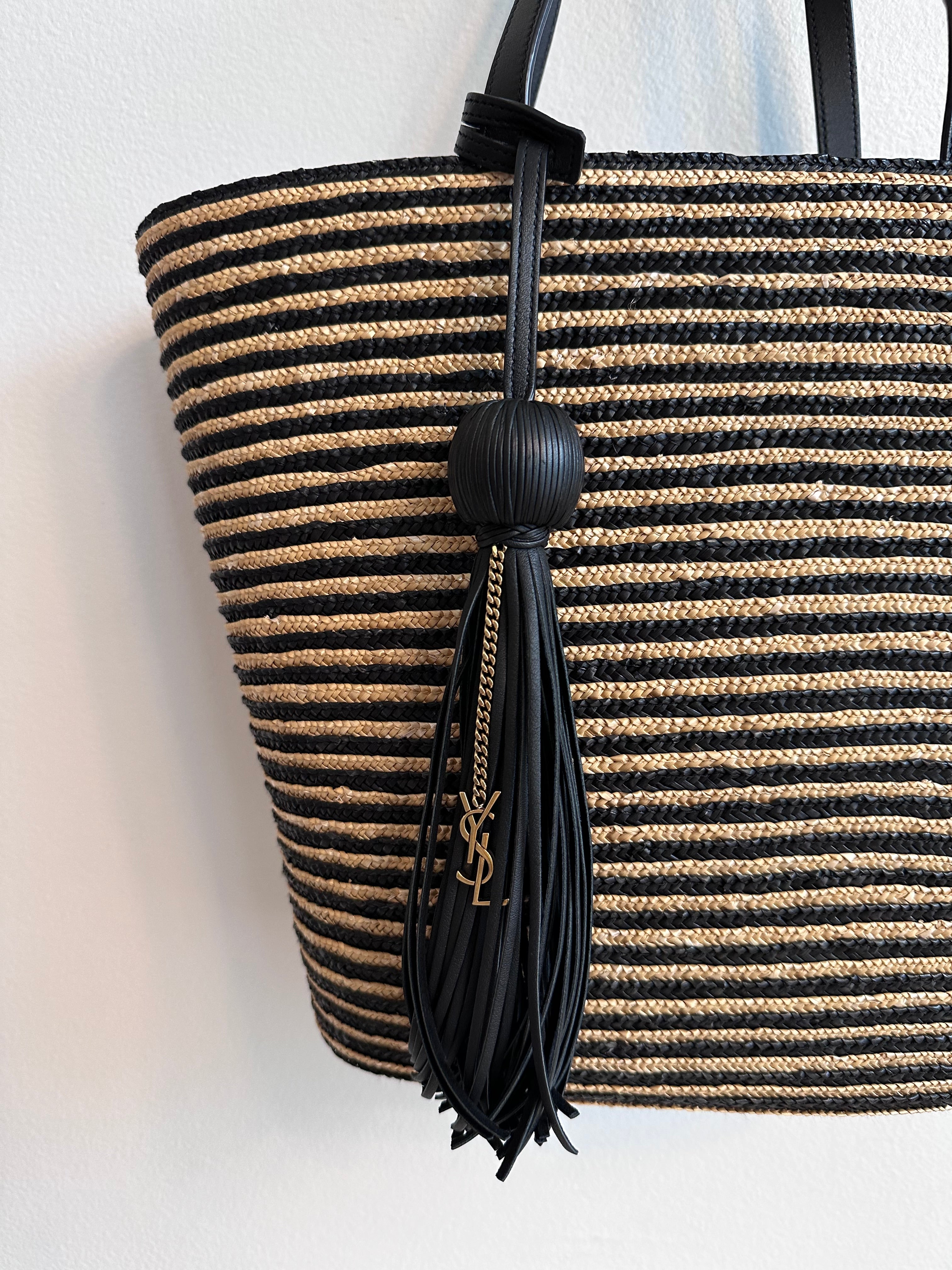 Pre-Owned SAINT LAURENT Neutral Paneer Striped Raffia Tote