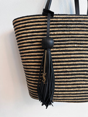 Pre-Owned SAINT LAURENT Neutral Paneer Striped Raffia Tote