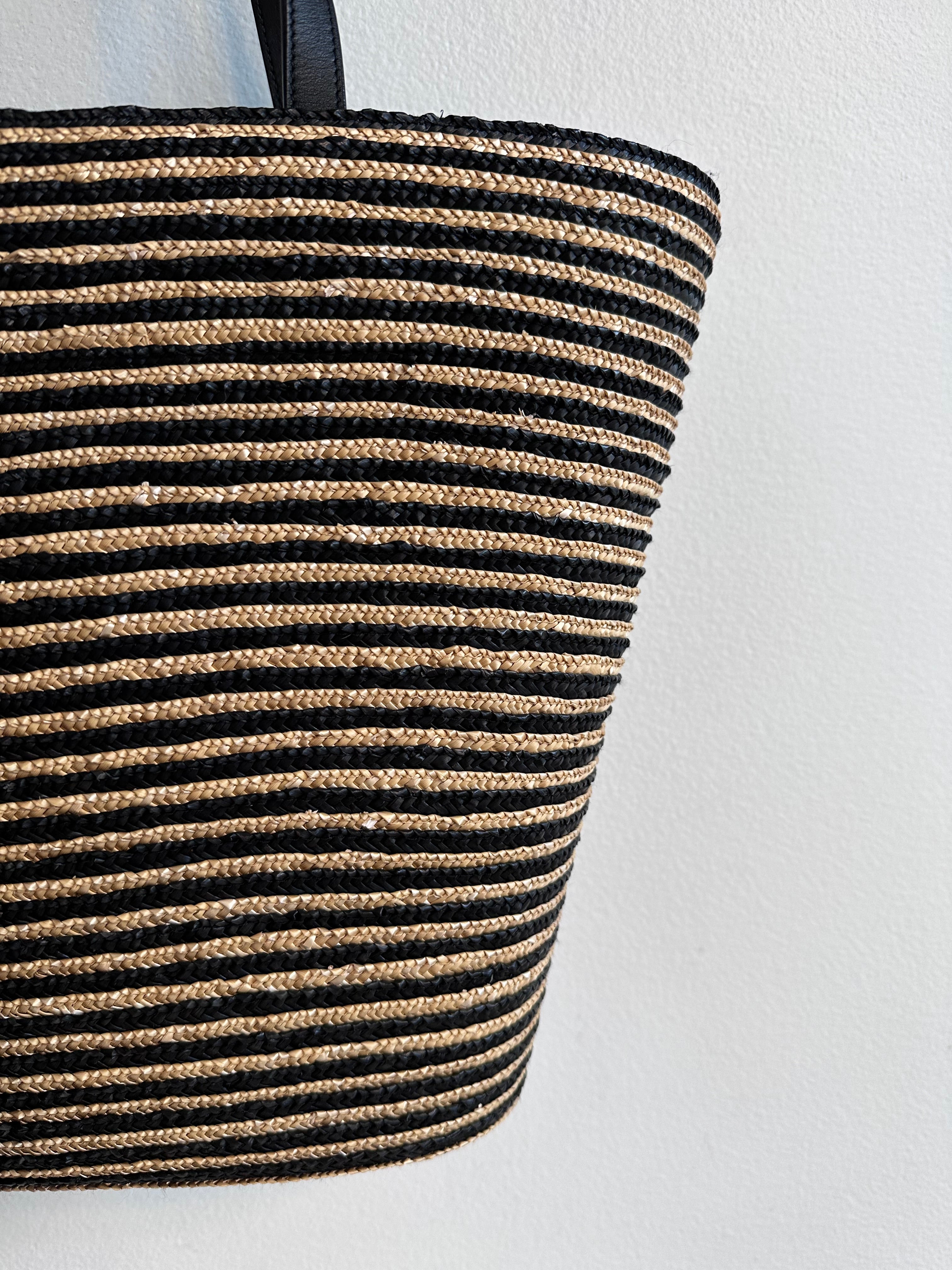 Pre-Owned SAINT LAURENT Neutral Paneer Striped Raffia Tote