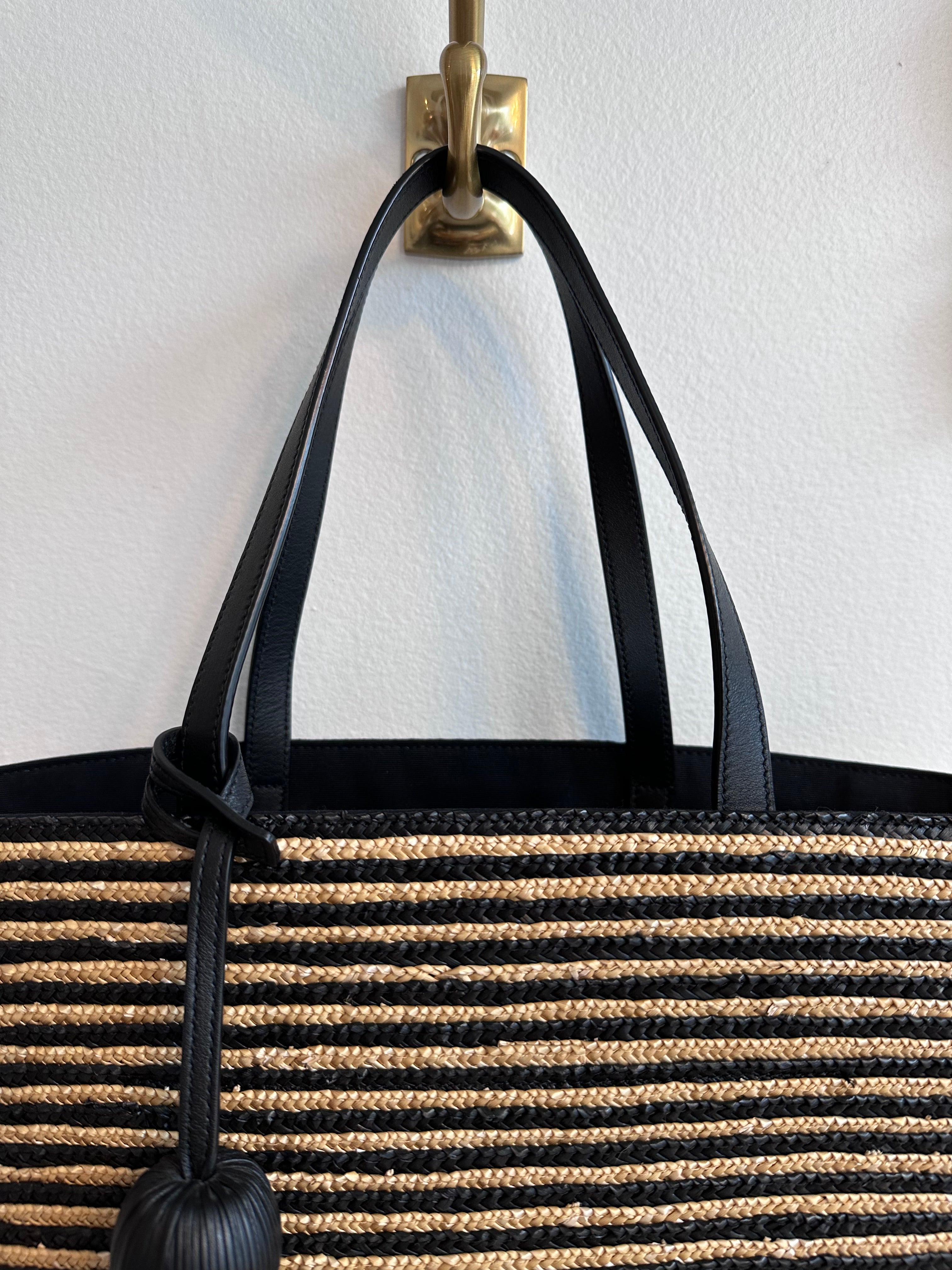 Pre-Owned SAINT LAURENT Neutral Paneer Striped Raffia Tote