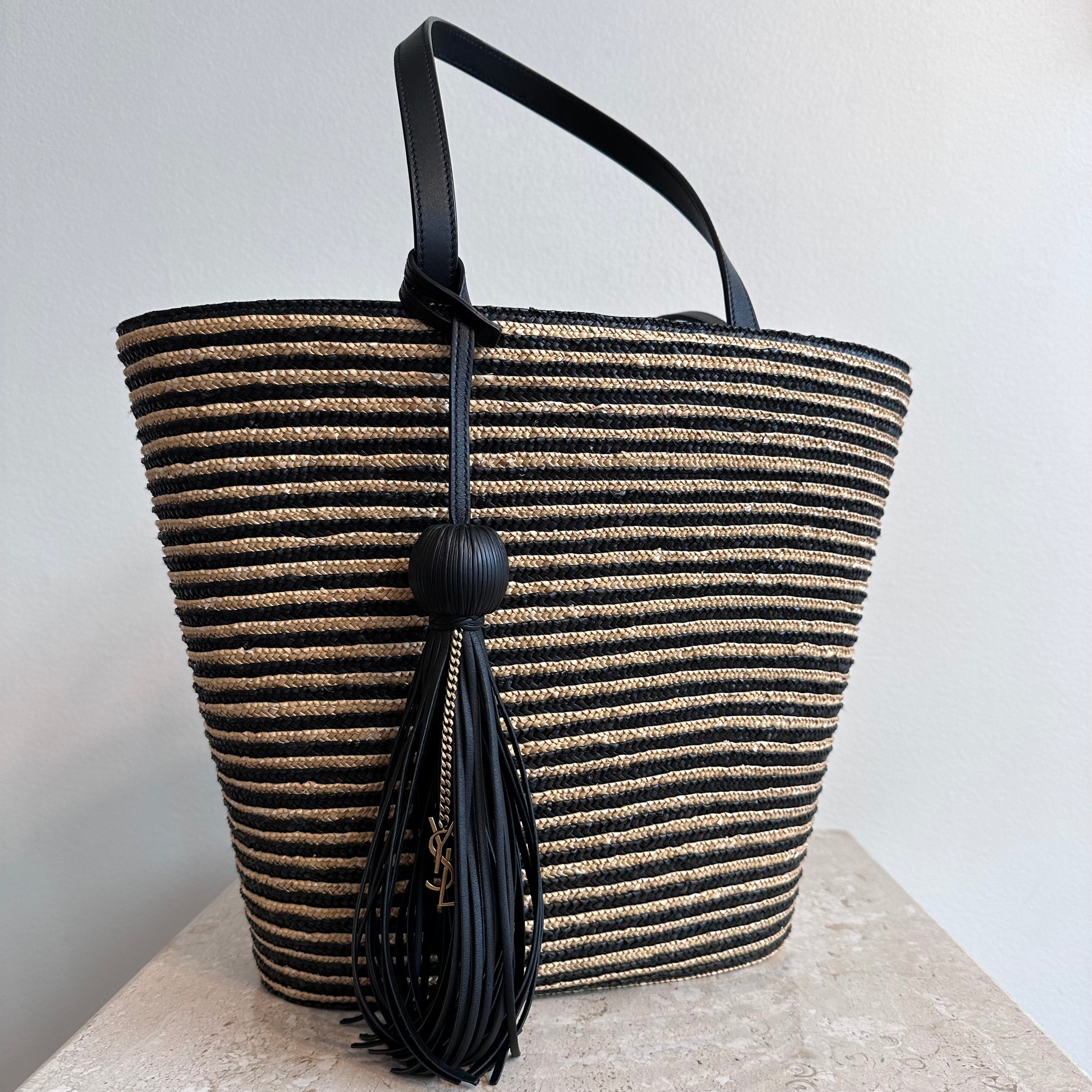 Pre-Owned SAINT LAURENT Neutral Paneer Striped Raffia Tote