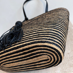 Pre-Owned SAINT LAURENT Neutral Paneer Striped Raffia Tote