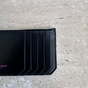 Pre-Owned SAINT LAURENT Black Leather Zip Card Case with Pink Foil