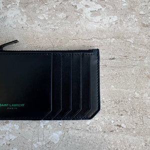 Pre-Owned SAINT LAURENT Black Zip Card Case with Green Foil