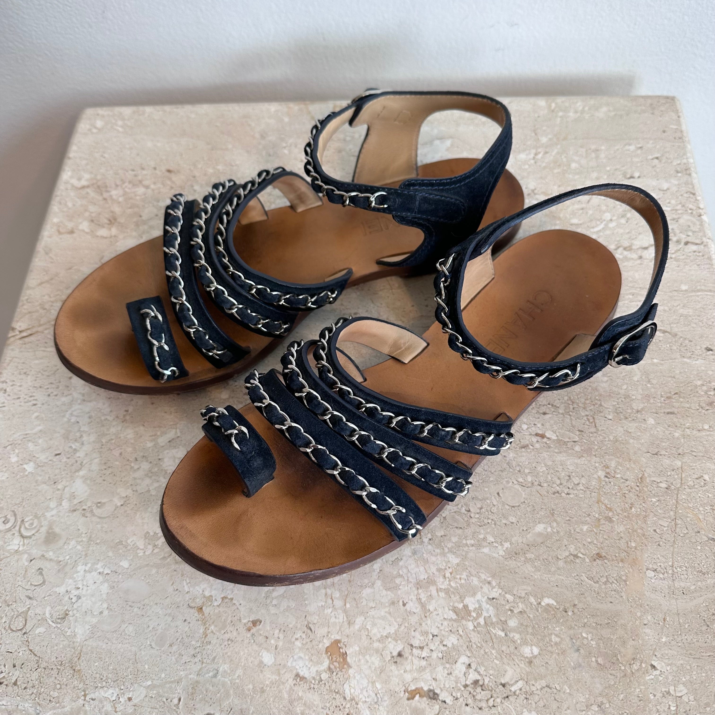 Pre Owned CHANEL™ Navy Suede Chain Sandals Size 39