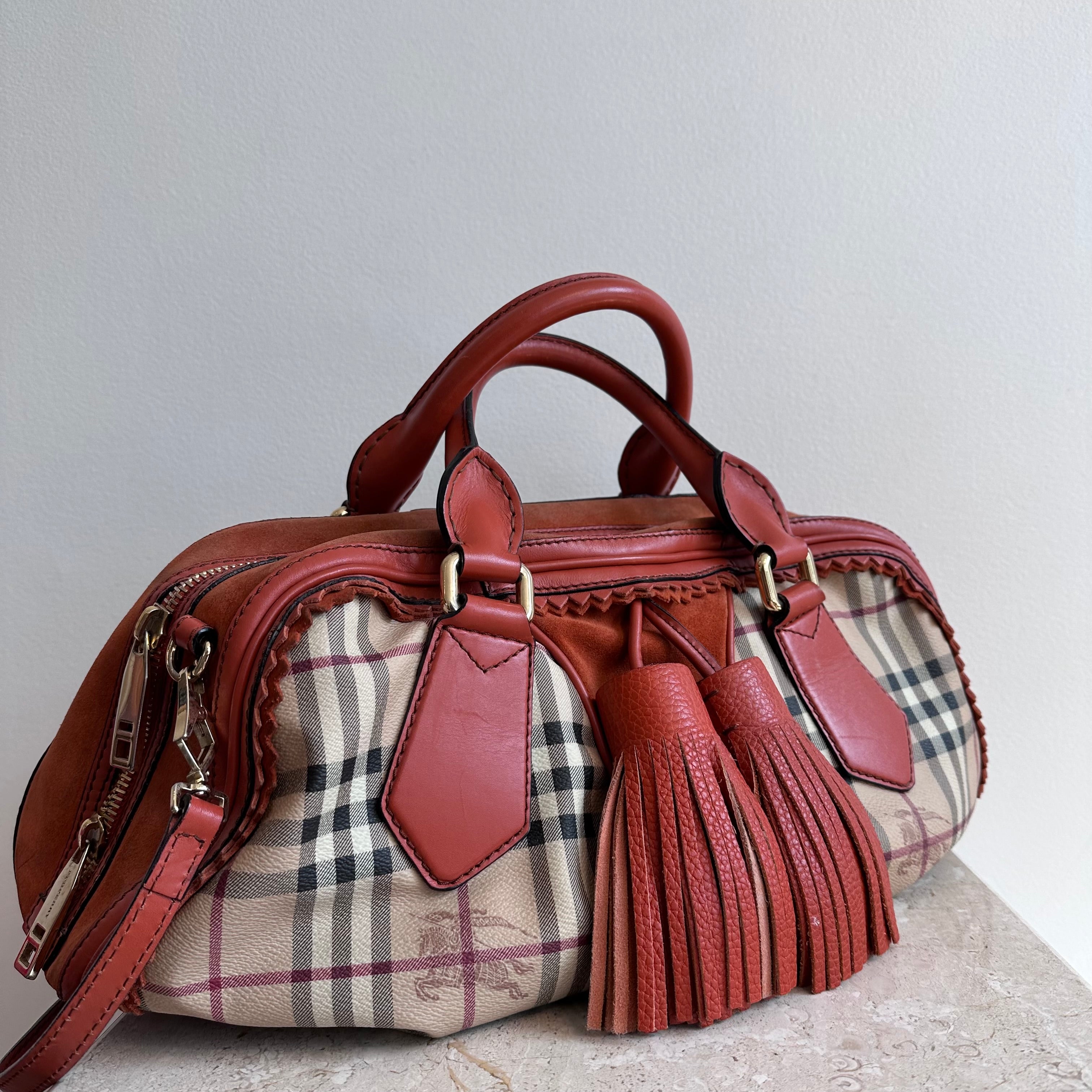 Pre-Owned Burberry Landscape Haymarket Luggage Bowling Bag