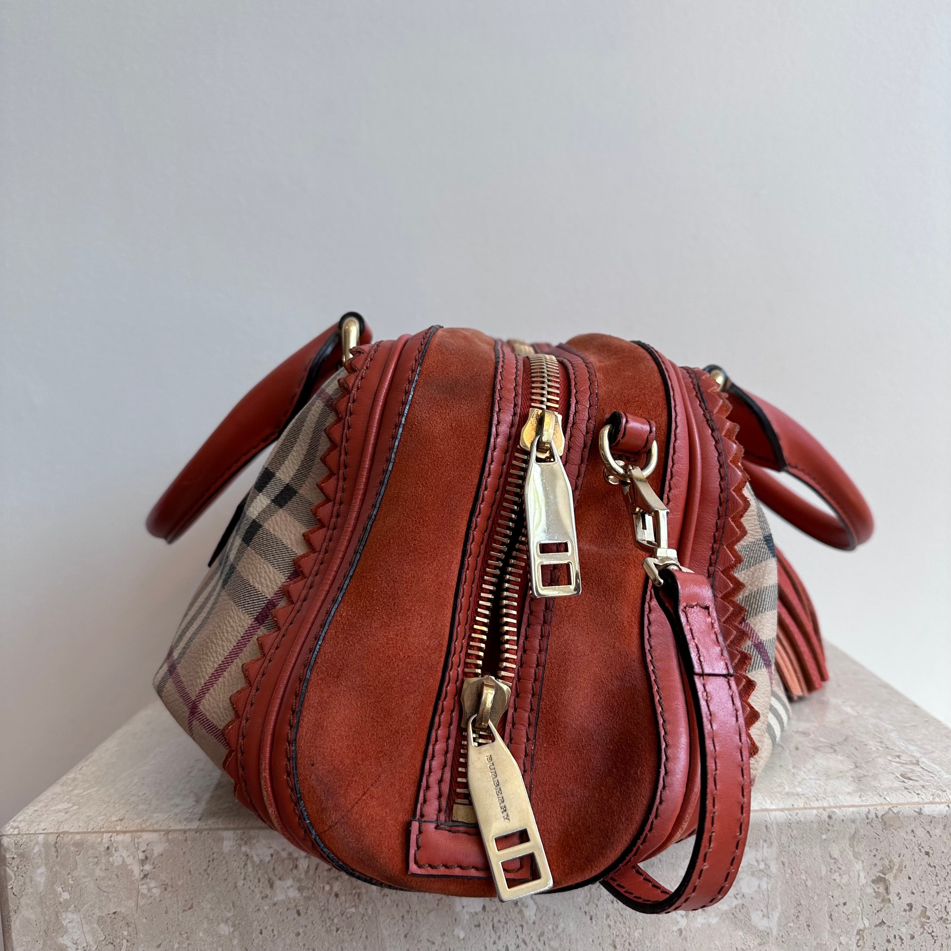Pre-Owned Burberry Landscape Haymarket Luggage Bowling Bag