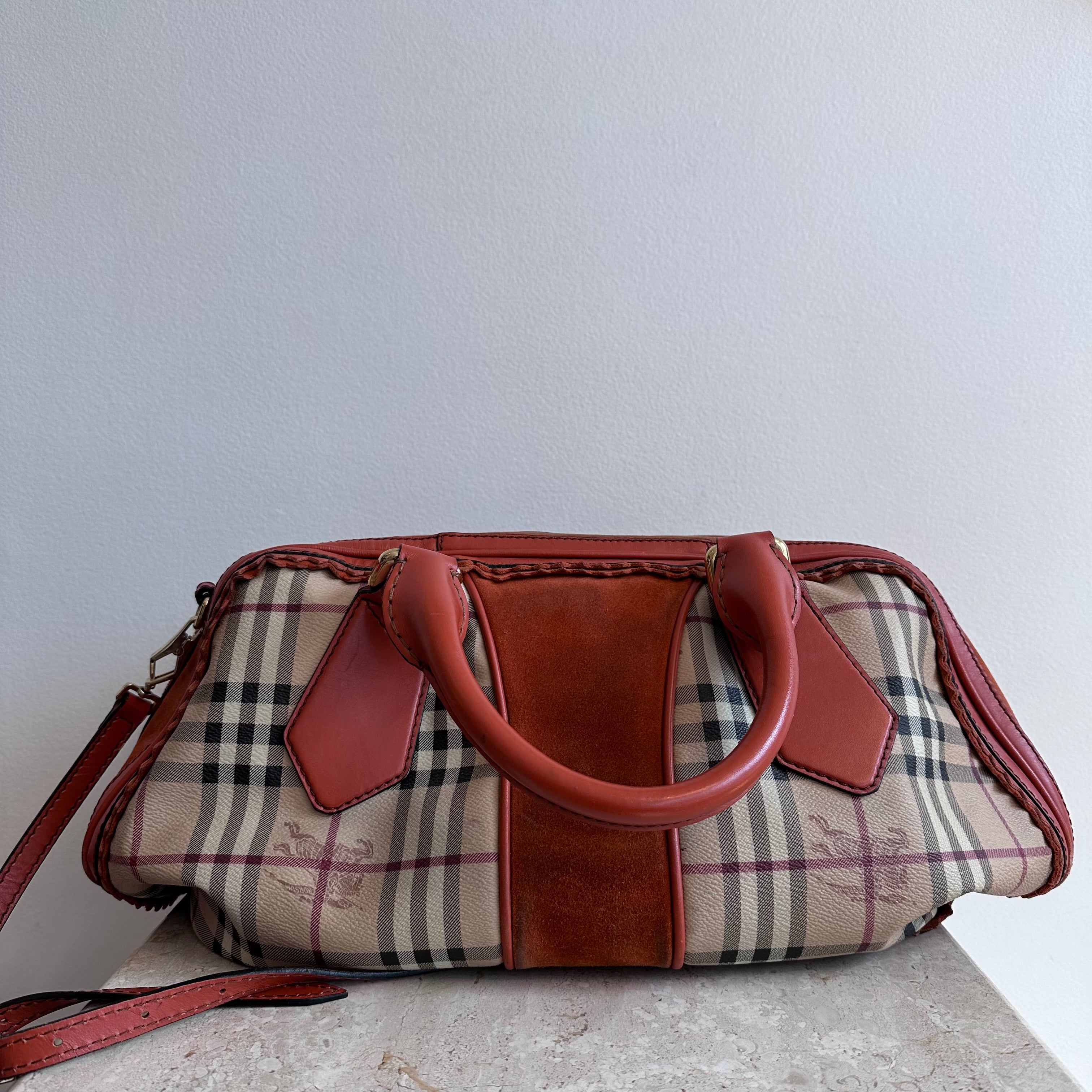 Pre-Owned Burberry Landscape Haymarket Luggage Bowling Bag