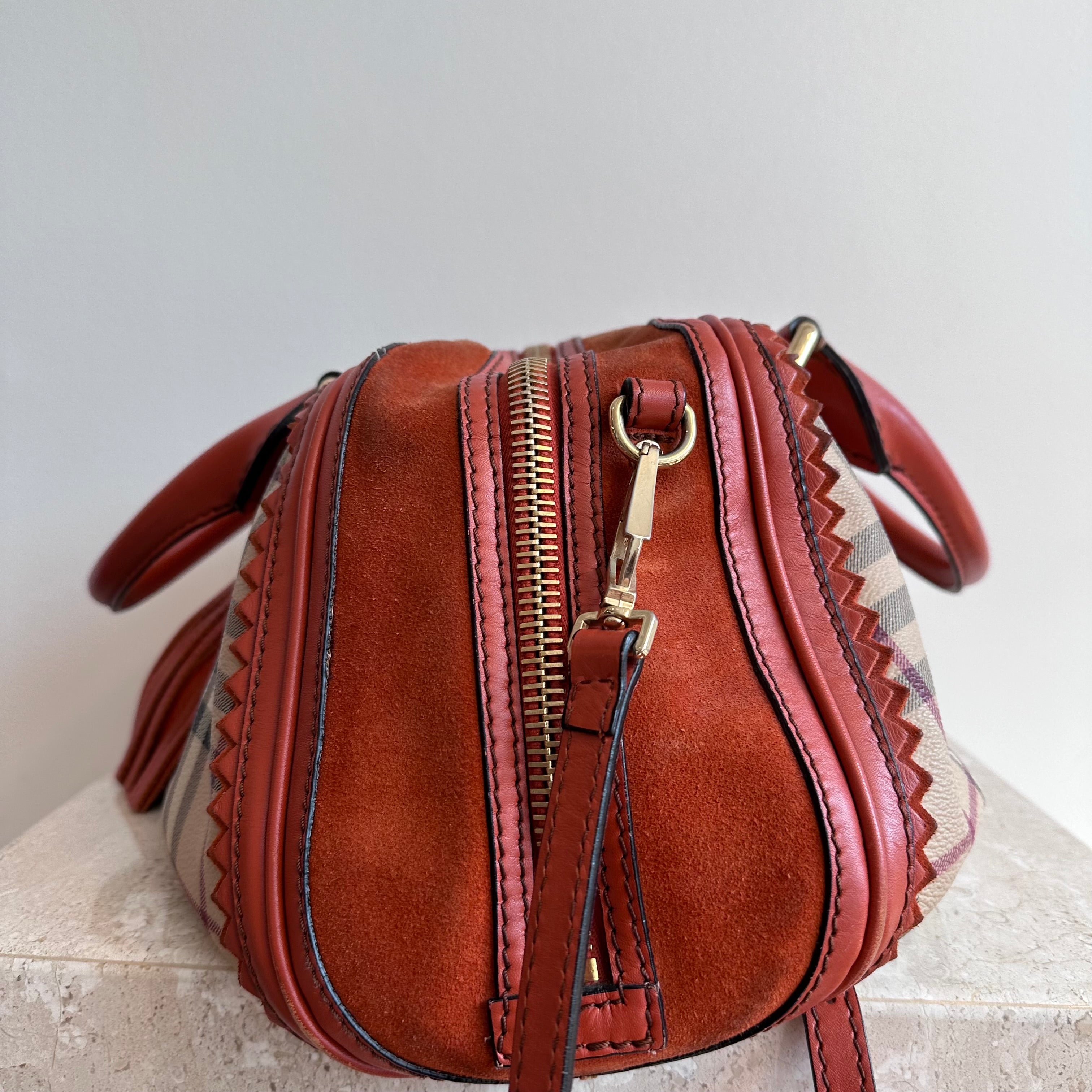 Pre-Owned Burberry Landscape Haymarket Luggage Bowling Bag