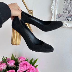 Pre-Owned SALVATORE FERRAGAMO Lucca Black Gold Block Heel Size 9