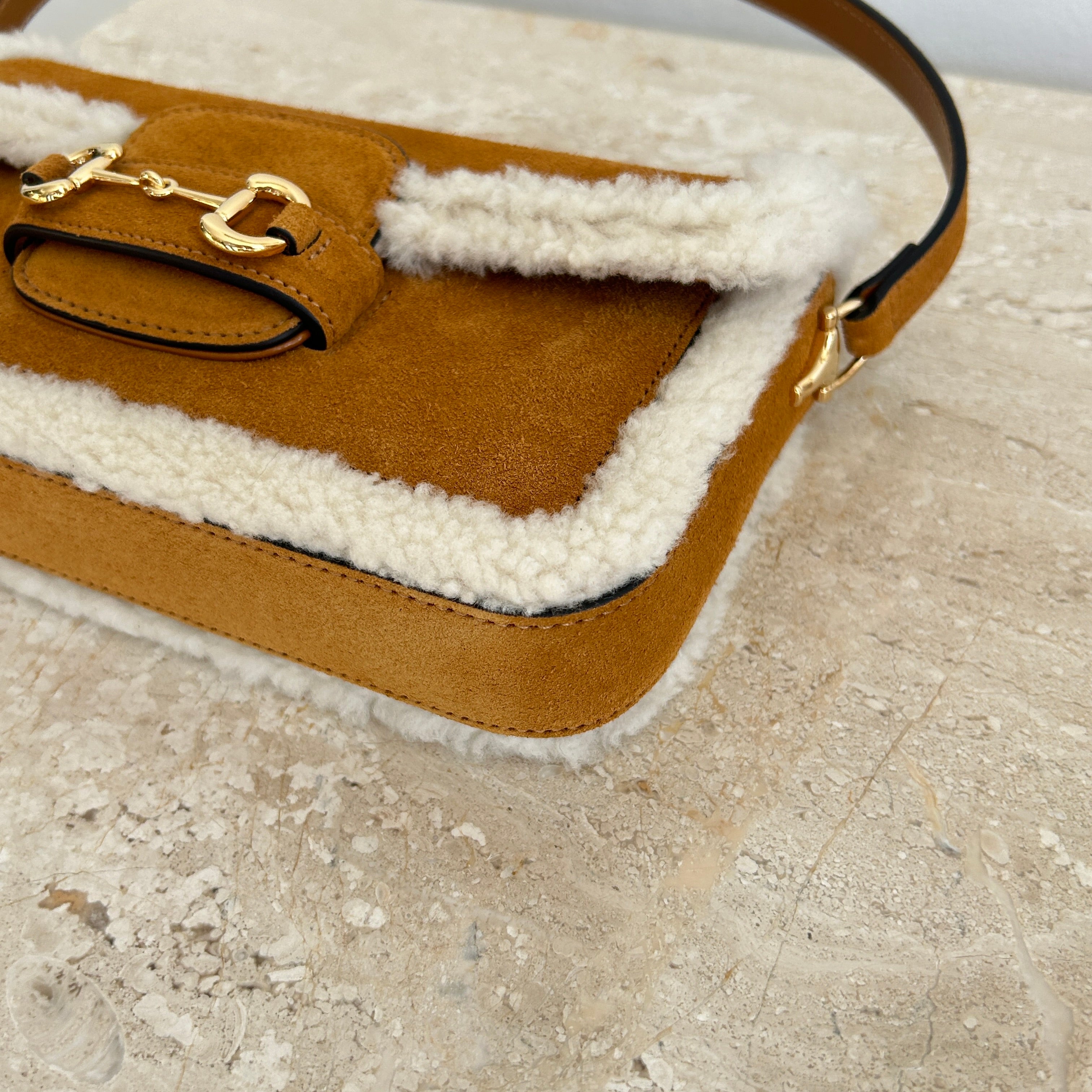 Pre-Owned GUCCI Suede Shearling Horsebit 1955 Mini Shoulder Bag
