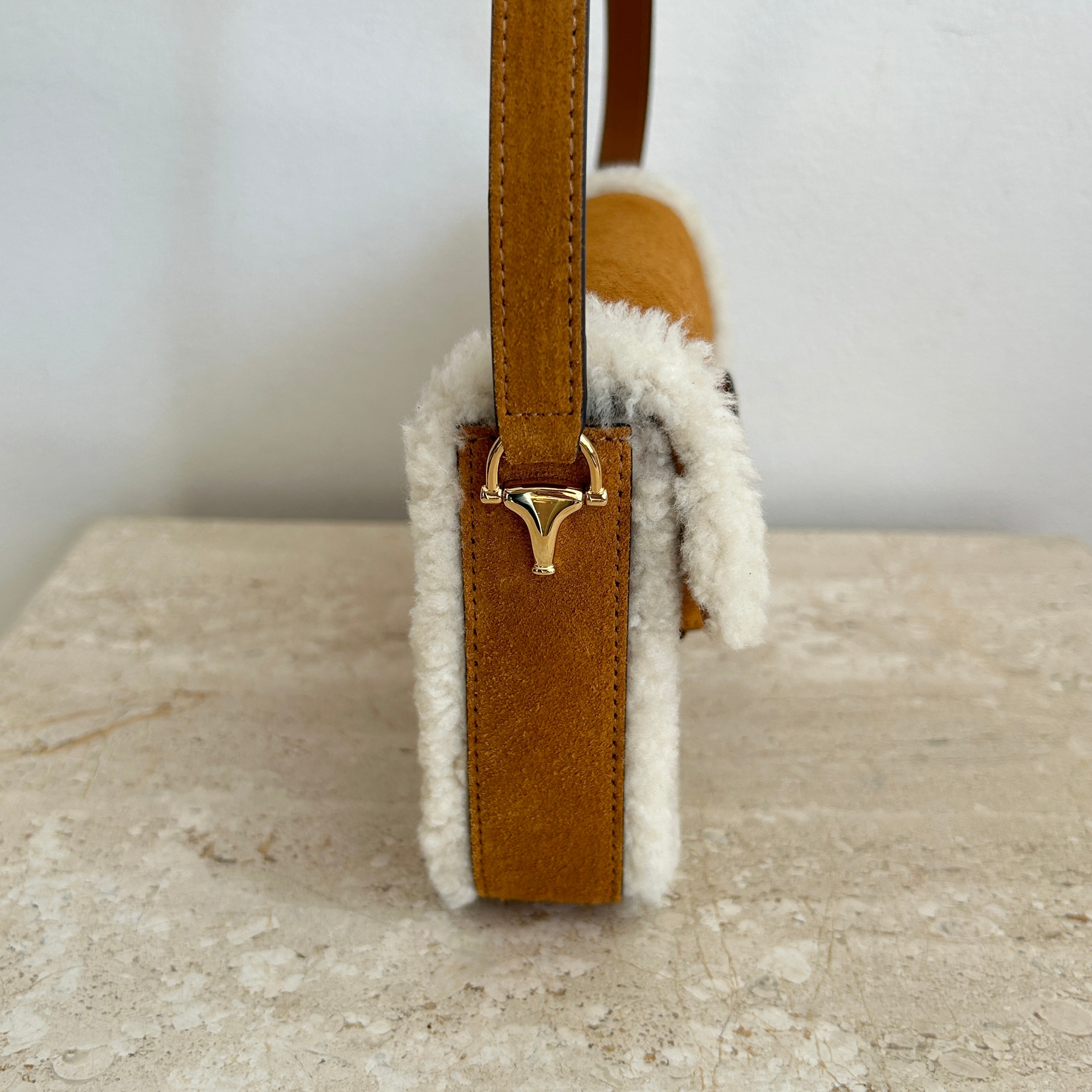 Pre-Owned GUCCI Suede Shearling Horsebit 1955 Mini Shoulder Bag