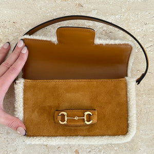 Pre-Owned GUCCI Suede Shearling Horsebit 1955 Mini Shoulder Bag