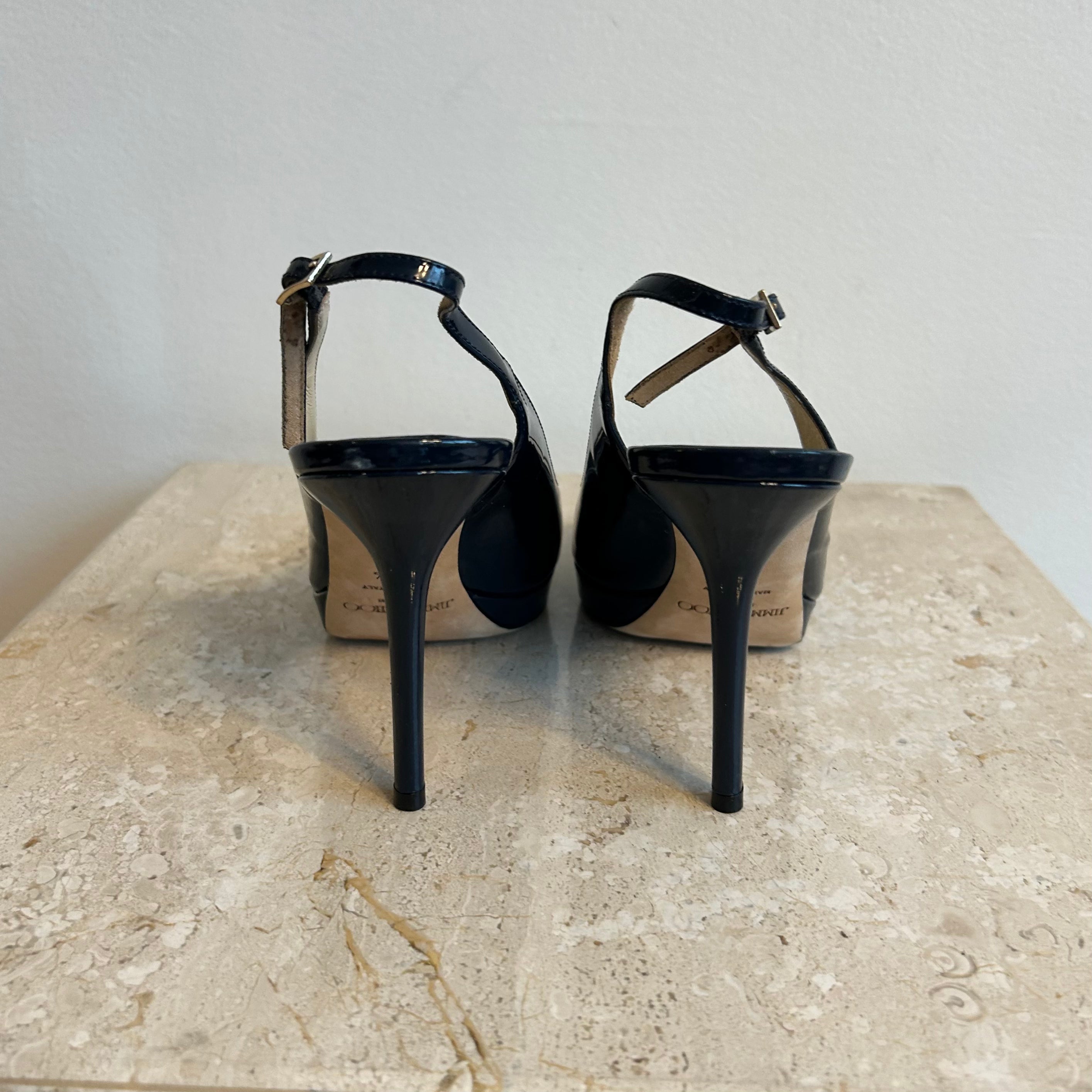 Pre-Owned JIMMY CHOO Navy Patent Nova Peep Toe Slingback - Size 38.5