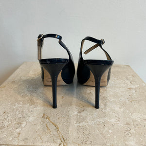 Pre-Owned JIMMY CHOO Navy Patent Nova Peep Toe Slingback - Size 38.5