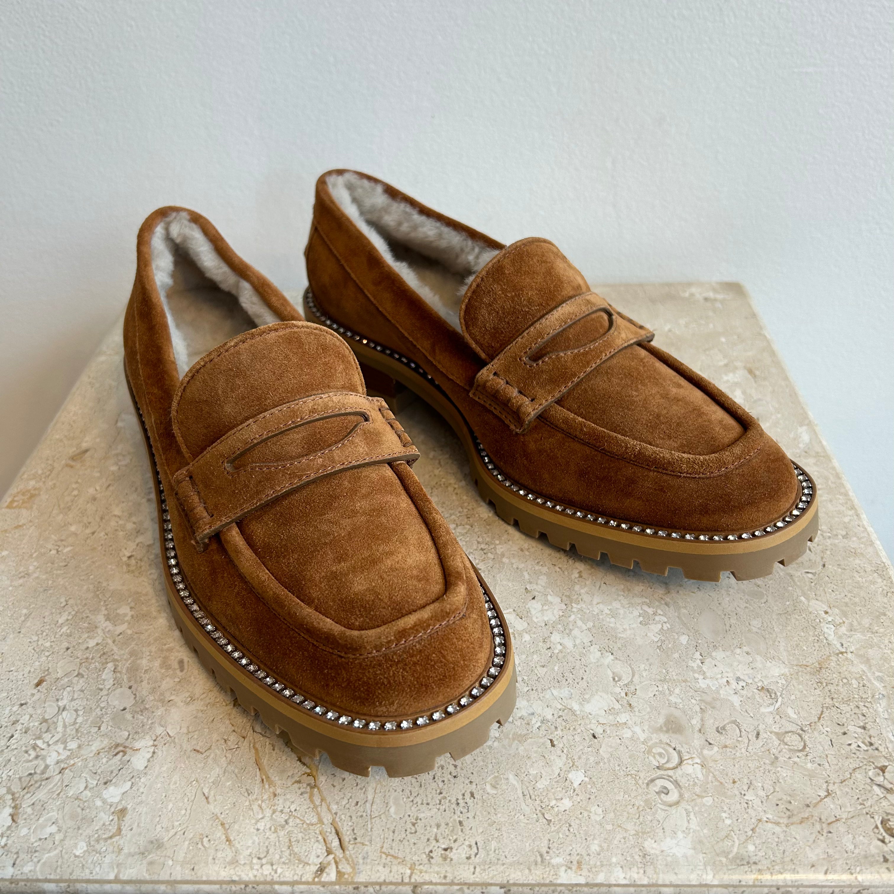 Pre-Owned JIMMY CHOO Tan Suede Deanna Loafer with Crystal Embellishment - Size 39.5