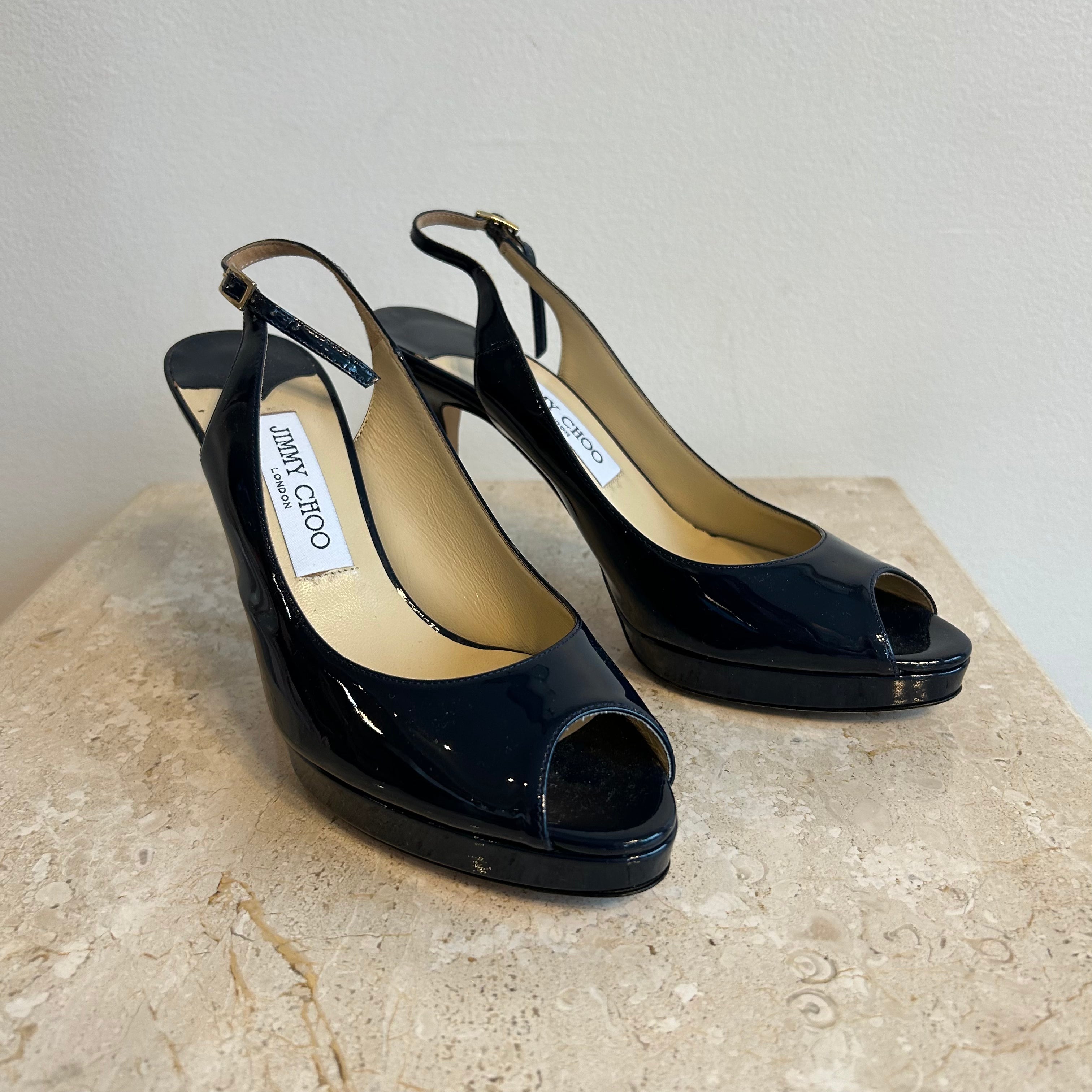 Pre-Owned JIMMY CHOO Navy Patent Nova Peep Toe Slingback - Size 38.5