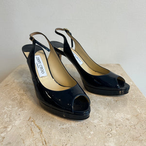 Pre-Owned JIMMY CHOO Navy Patent Nova Peep Toe Slingback - Size 38.5