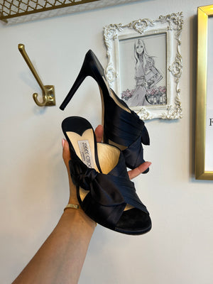 Pre-Owned JIMMY CHOO Navy Satin Keely Sandal 100mm - Size 38.5