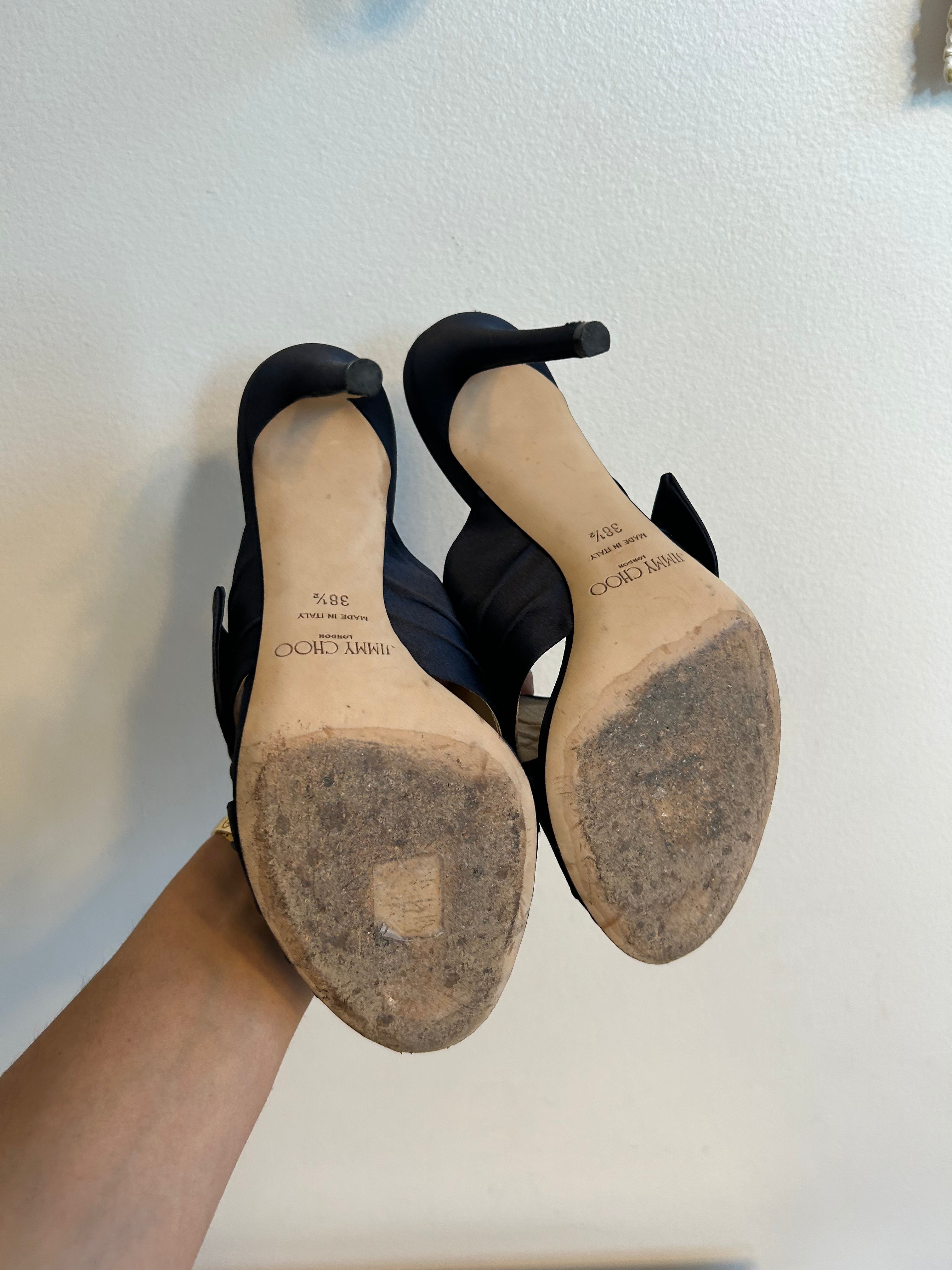 Pre-Owned JIMMY CHOO Navy Satin Keely Sandal 100mm - Size 38.5