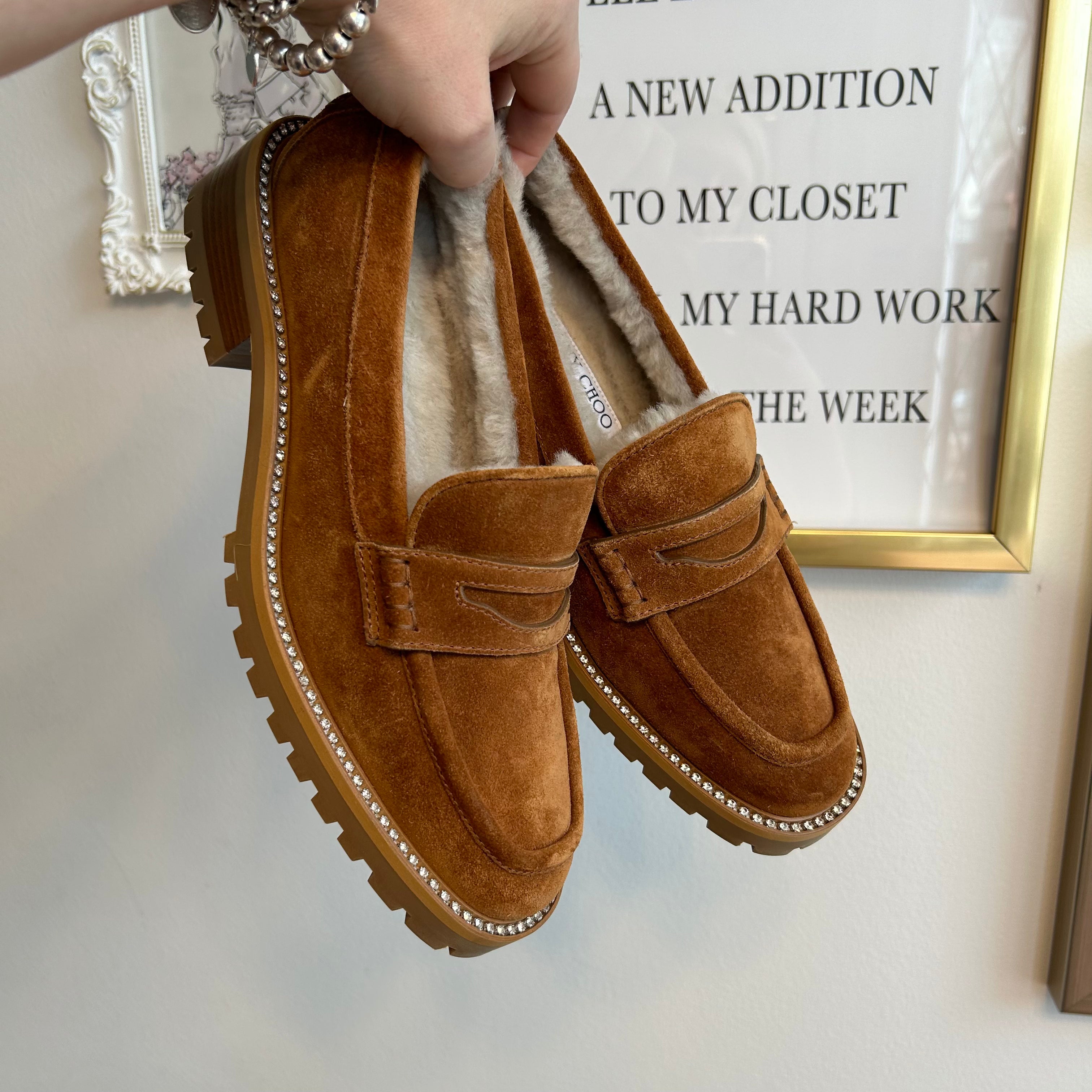 Pre-Owned JIMMY CHOO Tan Suede Deanna Loafer with Crystal Embellishment - Size 39.5