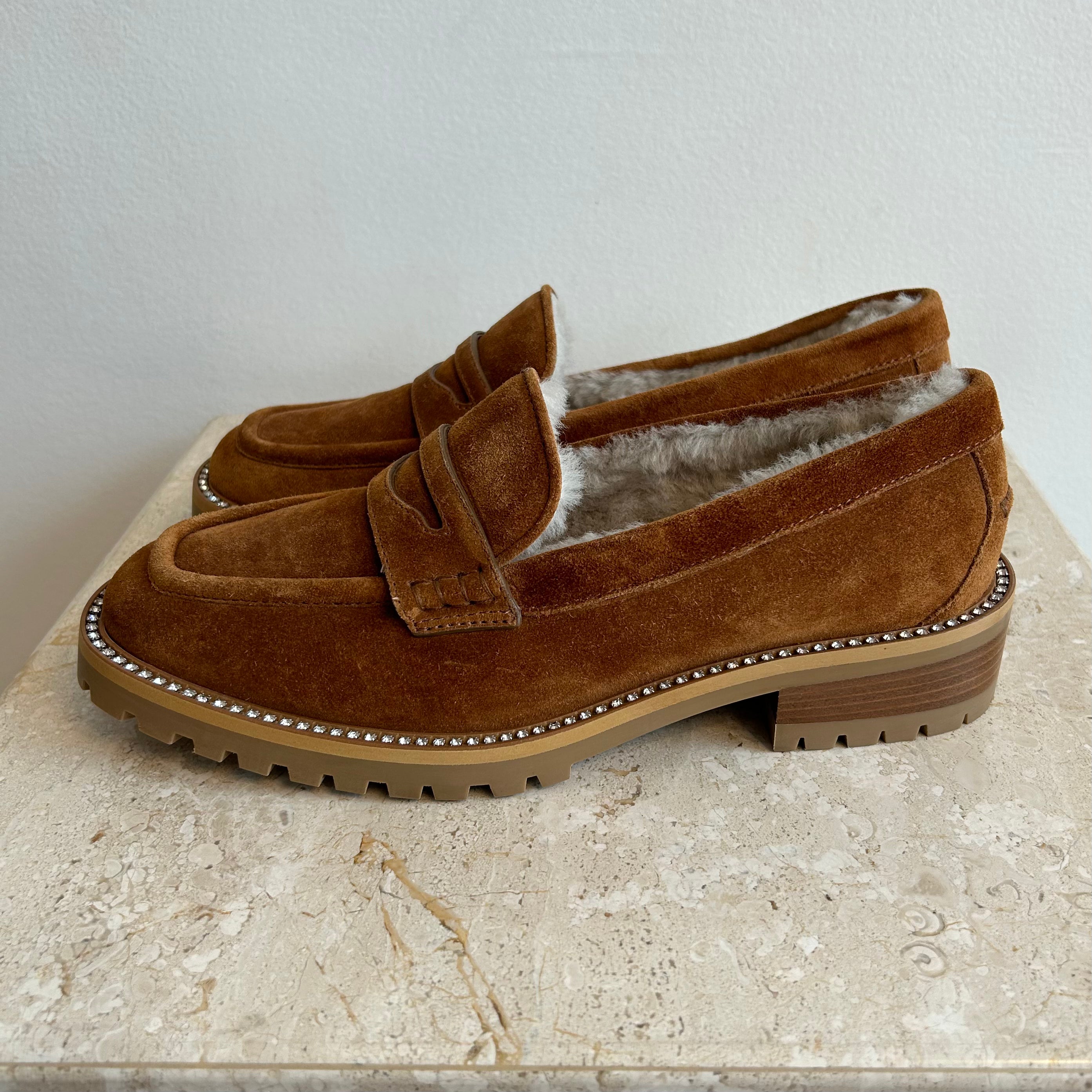 Pre-Owned JIMMY CHOO Tan Suede Deanna Loafer with Crystal Embellishment - Size 39.5