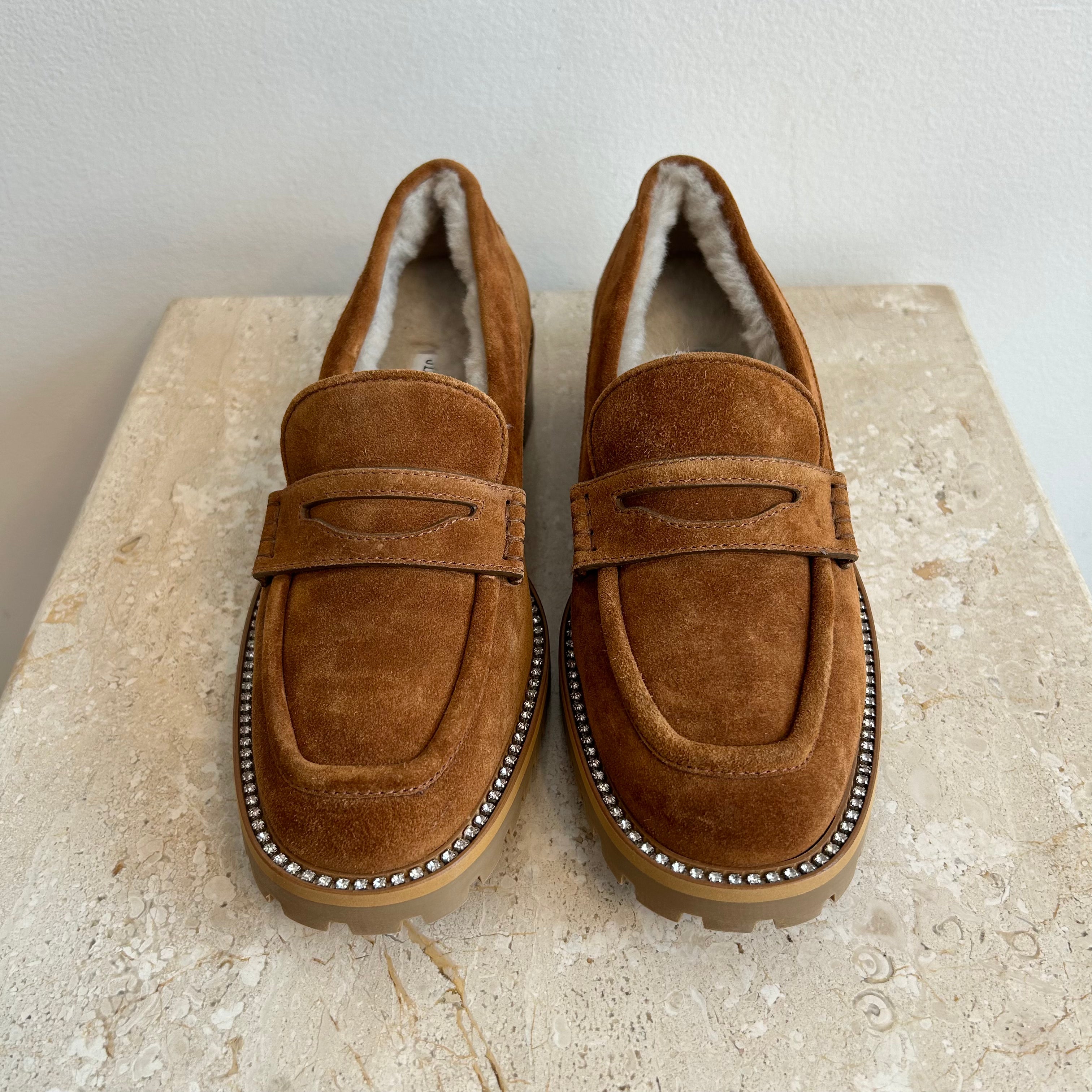 Pre-Owned JIMMY CHOO Tan Suede Deanna Loafer with Crystal Embellishment - Size 39.5