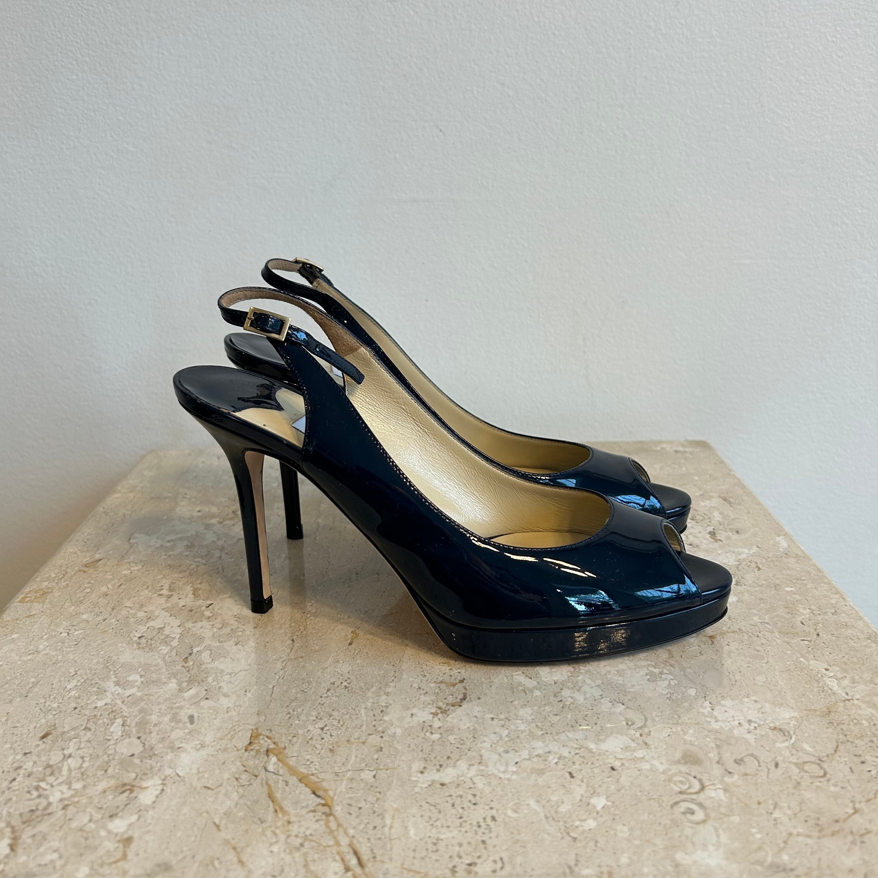 Pre-Owned JIMMY CHOO Navy Patent Nova Peep Toe Slingback - Size 38.5