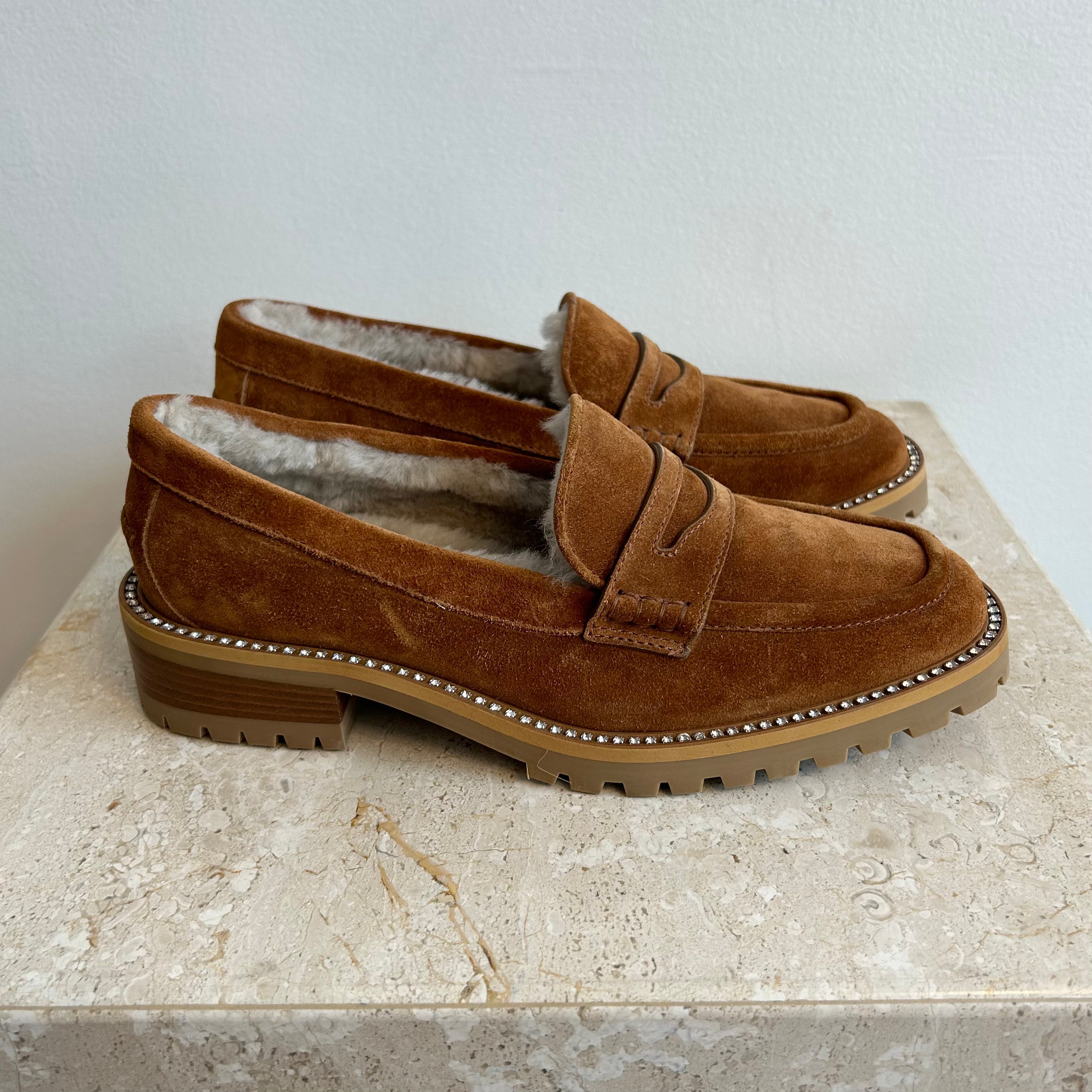 Pre-Owned JIMMY CHOO Tan Suede Deanna Loafer with Crystal Embellishment - Size 39.5