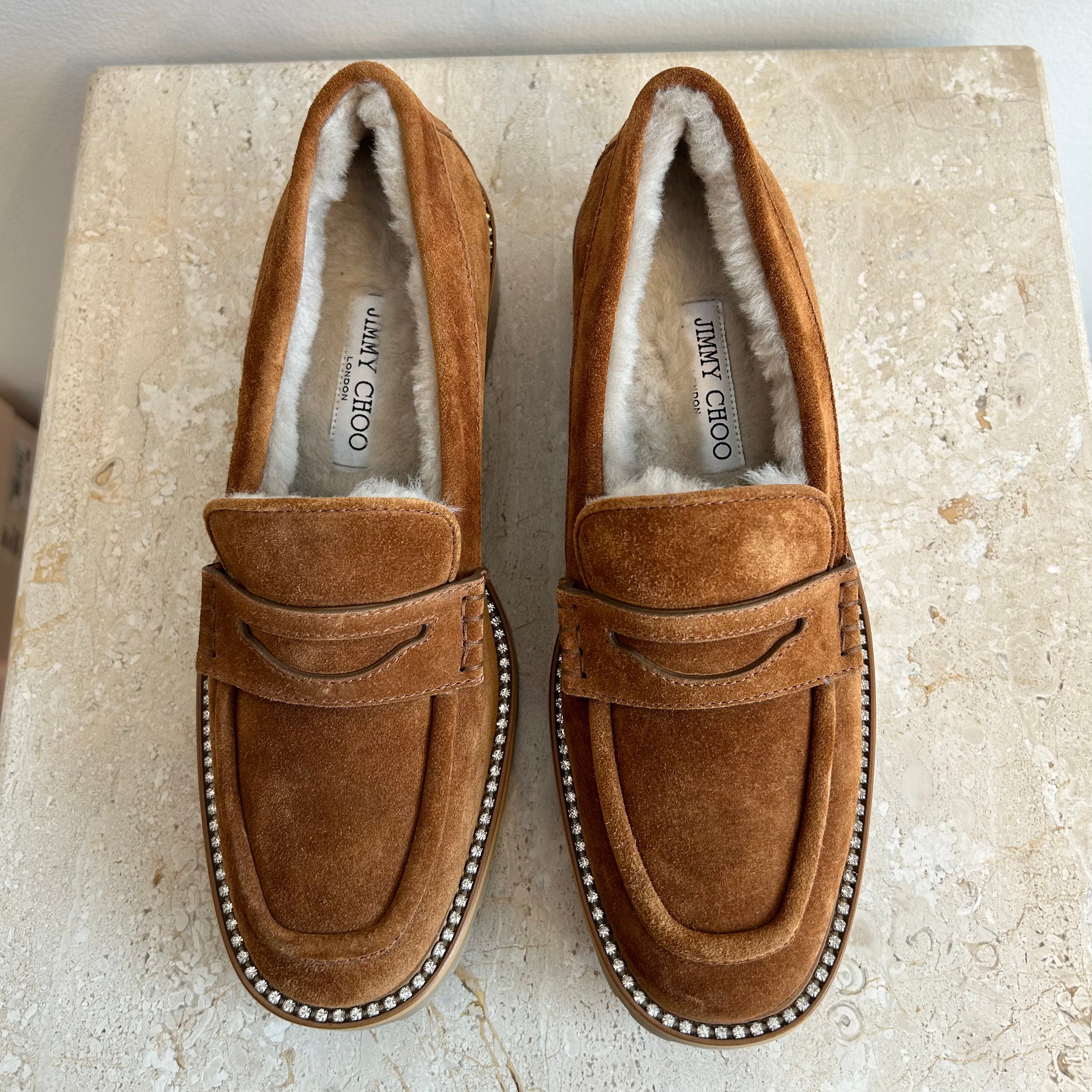 Pre-Owned JIMMY CHOO Tan Suede Deanna Loafer with Crystal Embellishment - Size 39.5