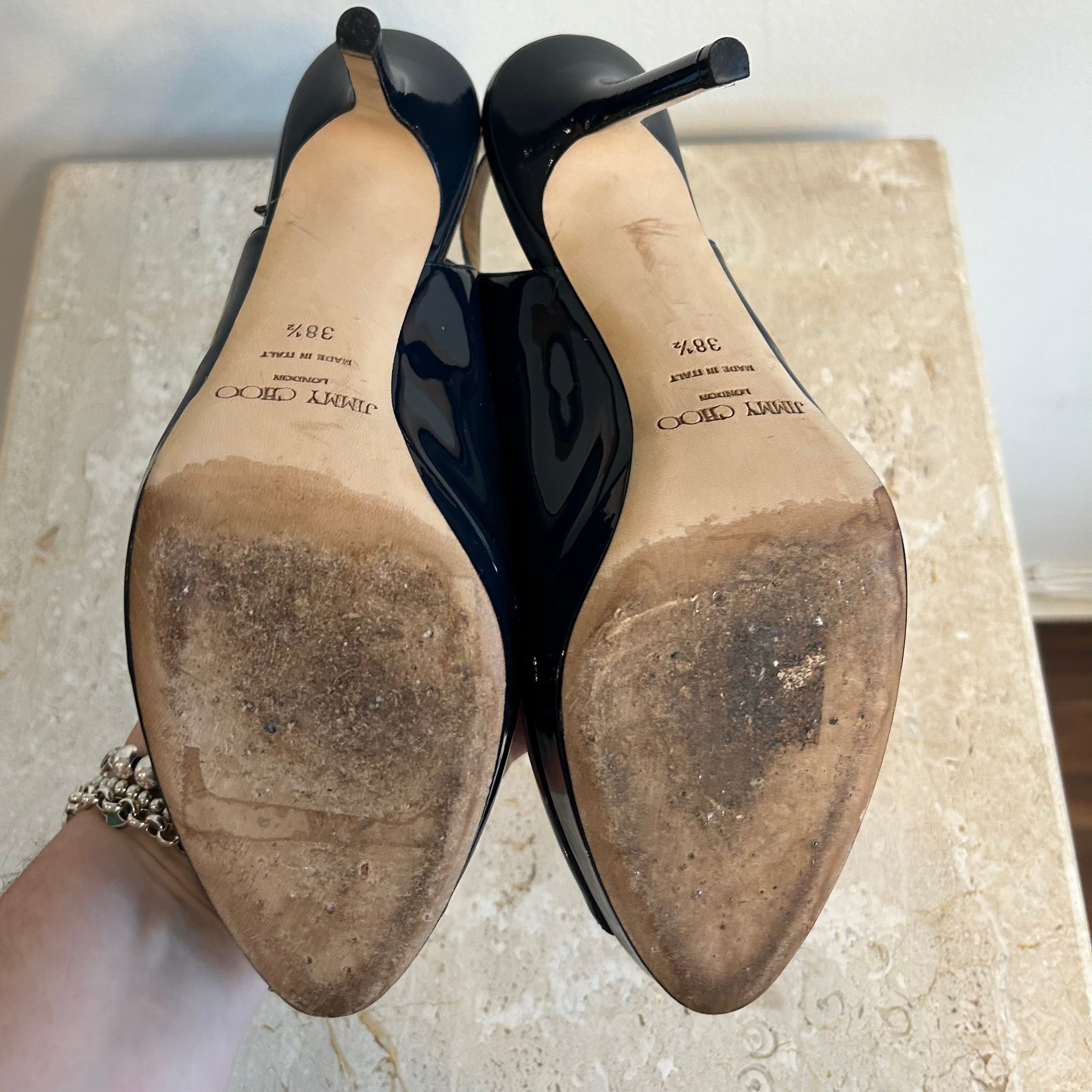 Pre-Owned JIMMY CHOO Navy Patent Nova Peep Toe Slingback - Size 38.5