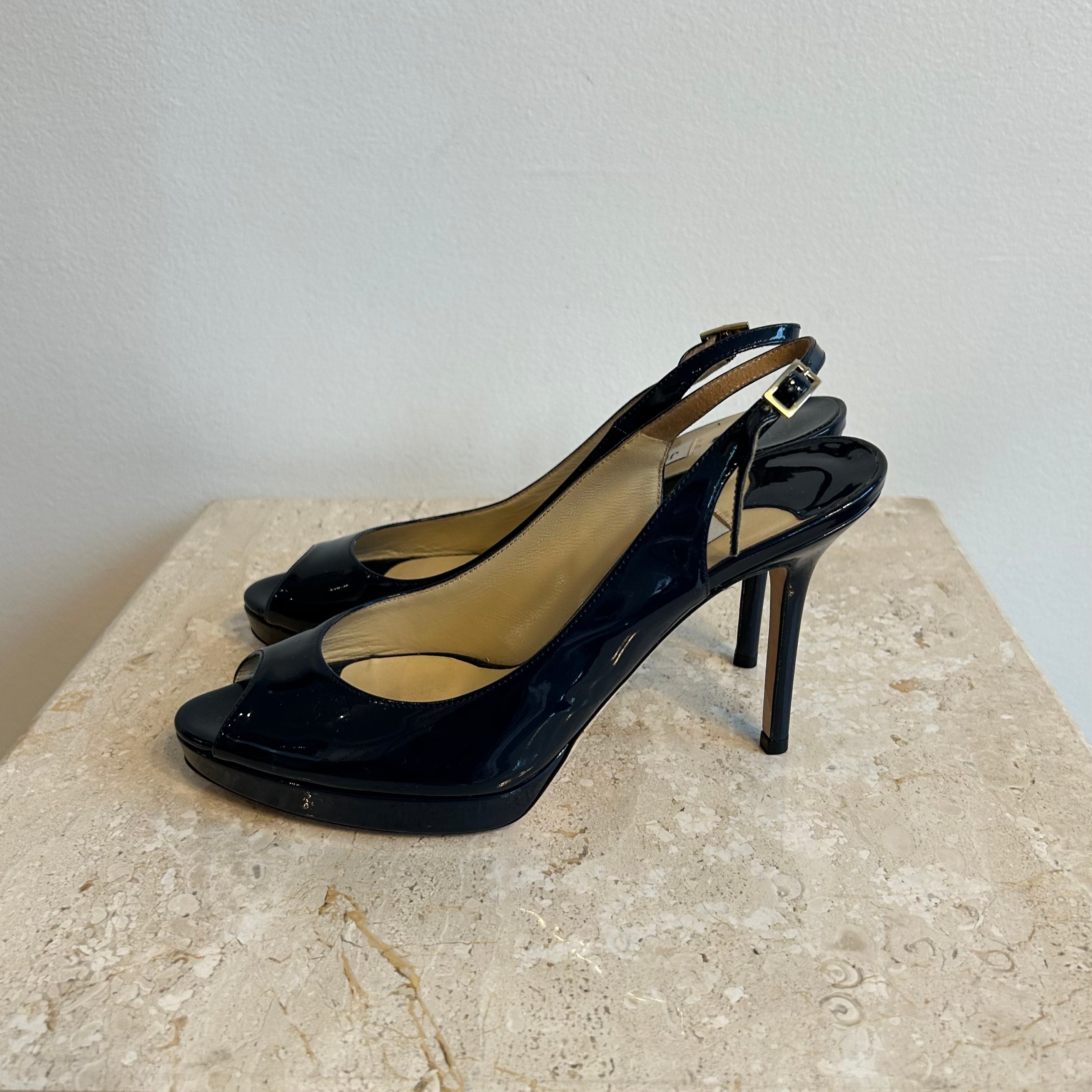 Pre-Owned JIMMY CHOO Navy Patent Nova Peep Toe Slingback - Size 38.5