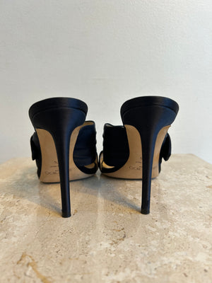 Pre-Owned JIMMY CHOO Navy Satin Keely Sandal 100mm - Size 38.5