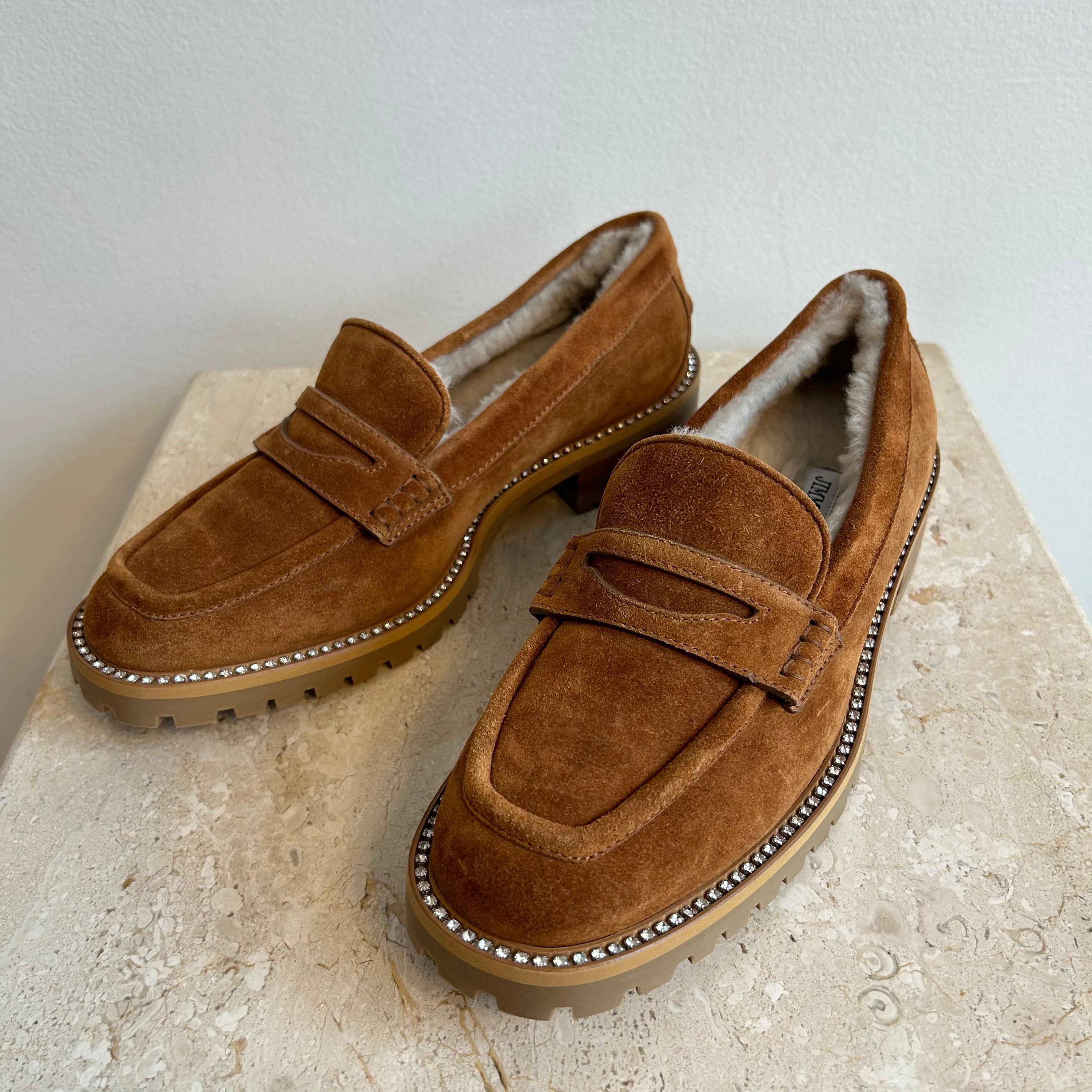 Pre-Owned JIMMY CHOO Tan Suede Deanna Loafer with Crystal Embellishment - Size 39.5