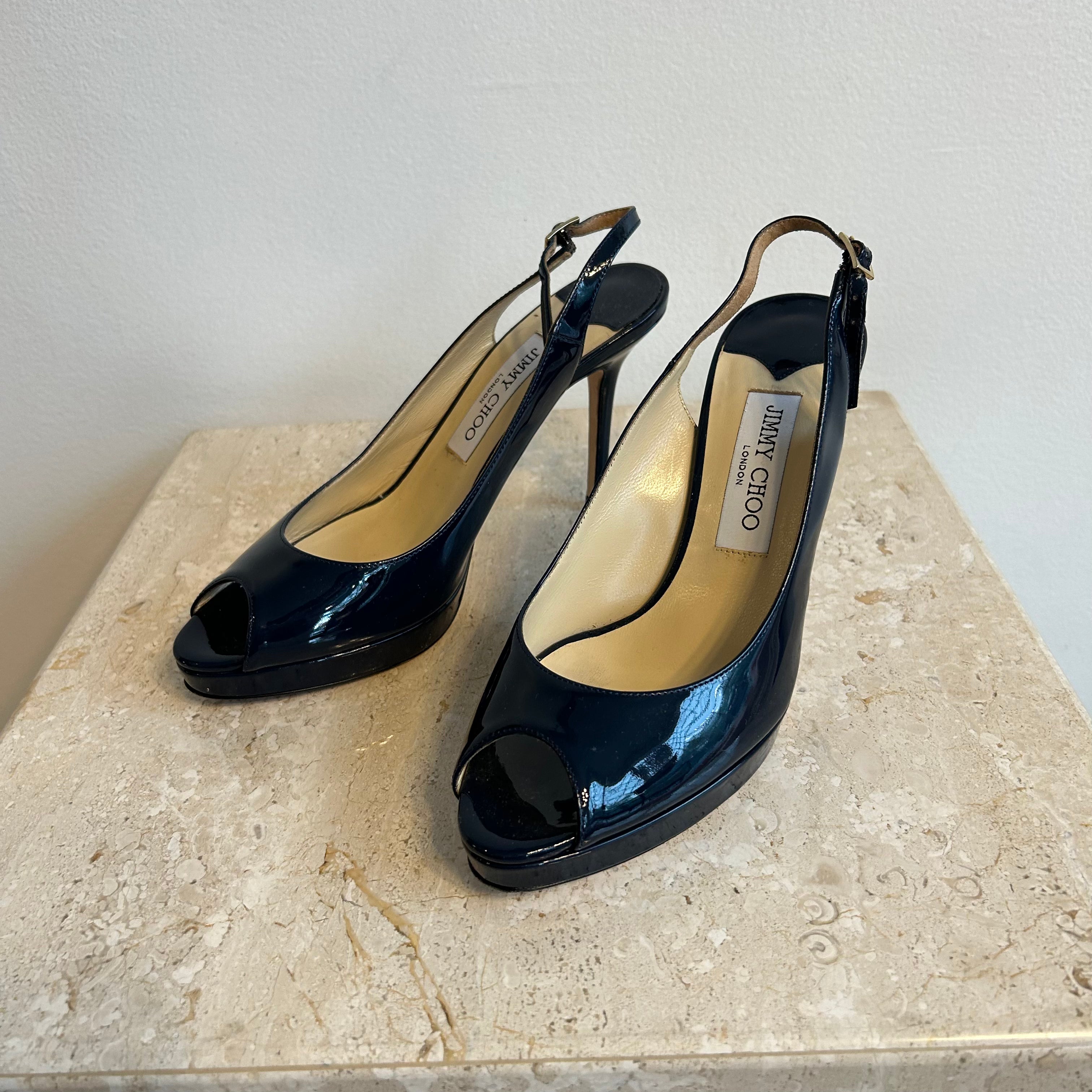 Pre-Owned JIMMY CHOO Navy Patent Nova Peep Toe Slingback - Size 38.5