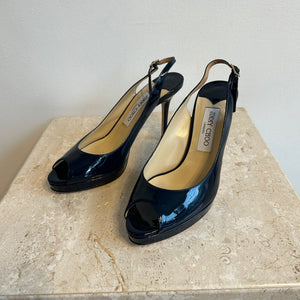 Pre-Owned JIMMY CHOO Navy Patent Nova Peep Toe Slingback - Size 38.5