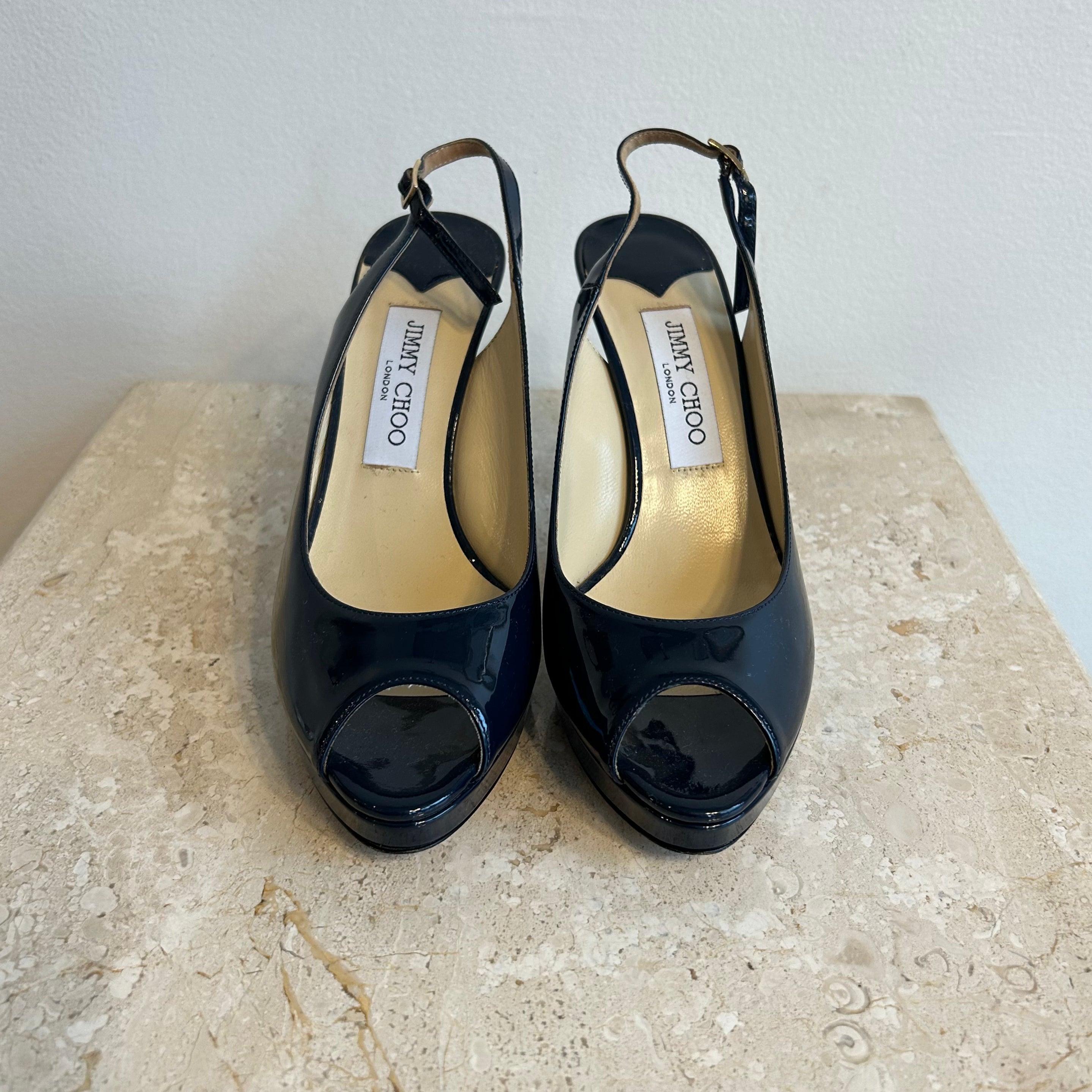 Pre-Owned JIMMY CHOO Navy Patent Nova Peep Toe Slingback - Size 38.5