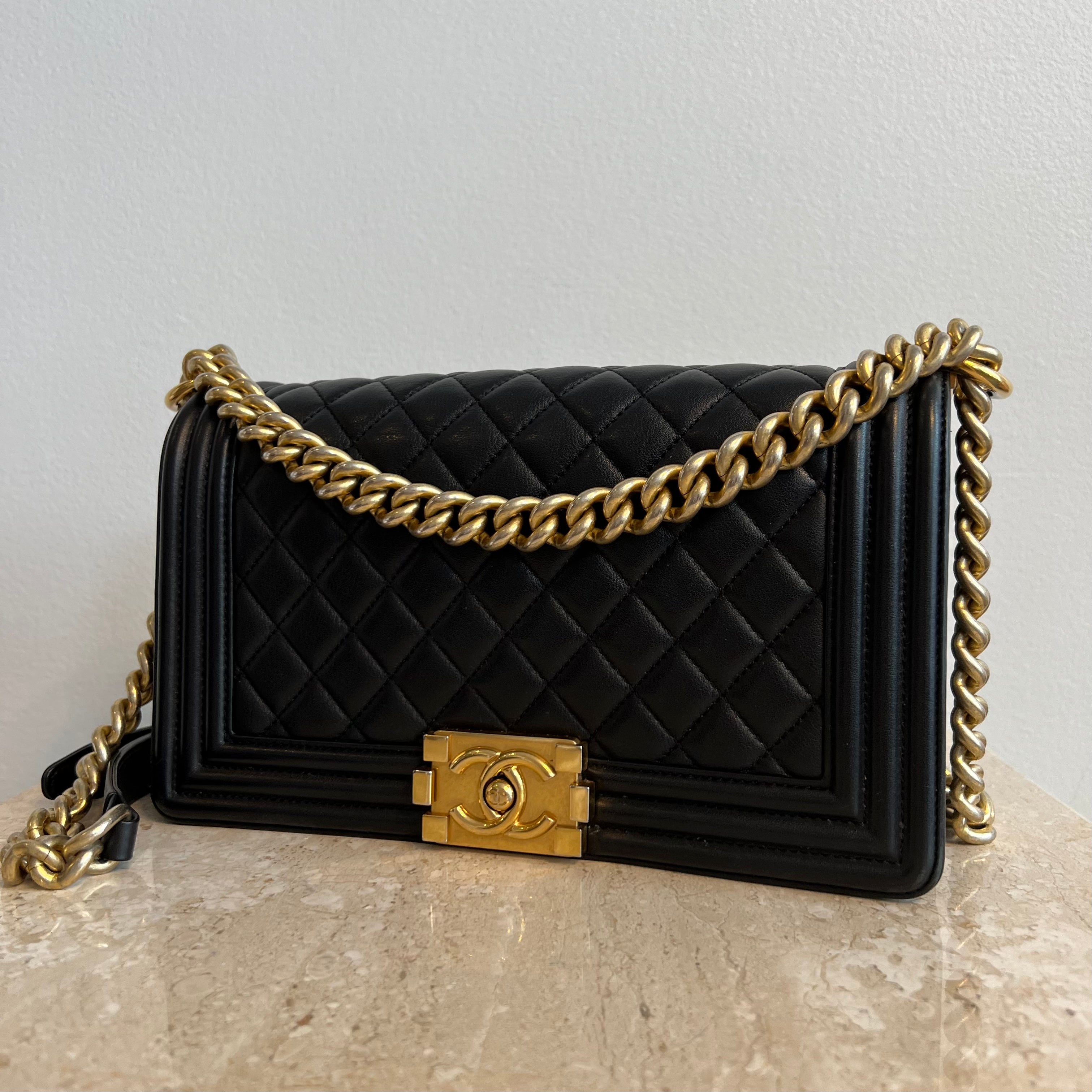 Chanel Boy Medium Black Calfskin Gold  4100